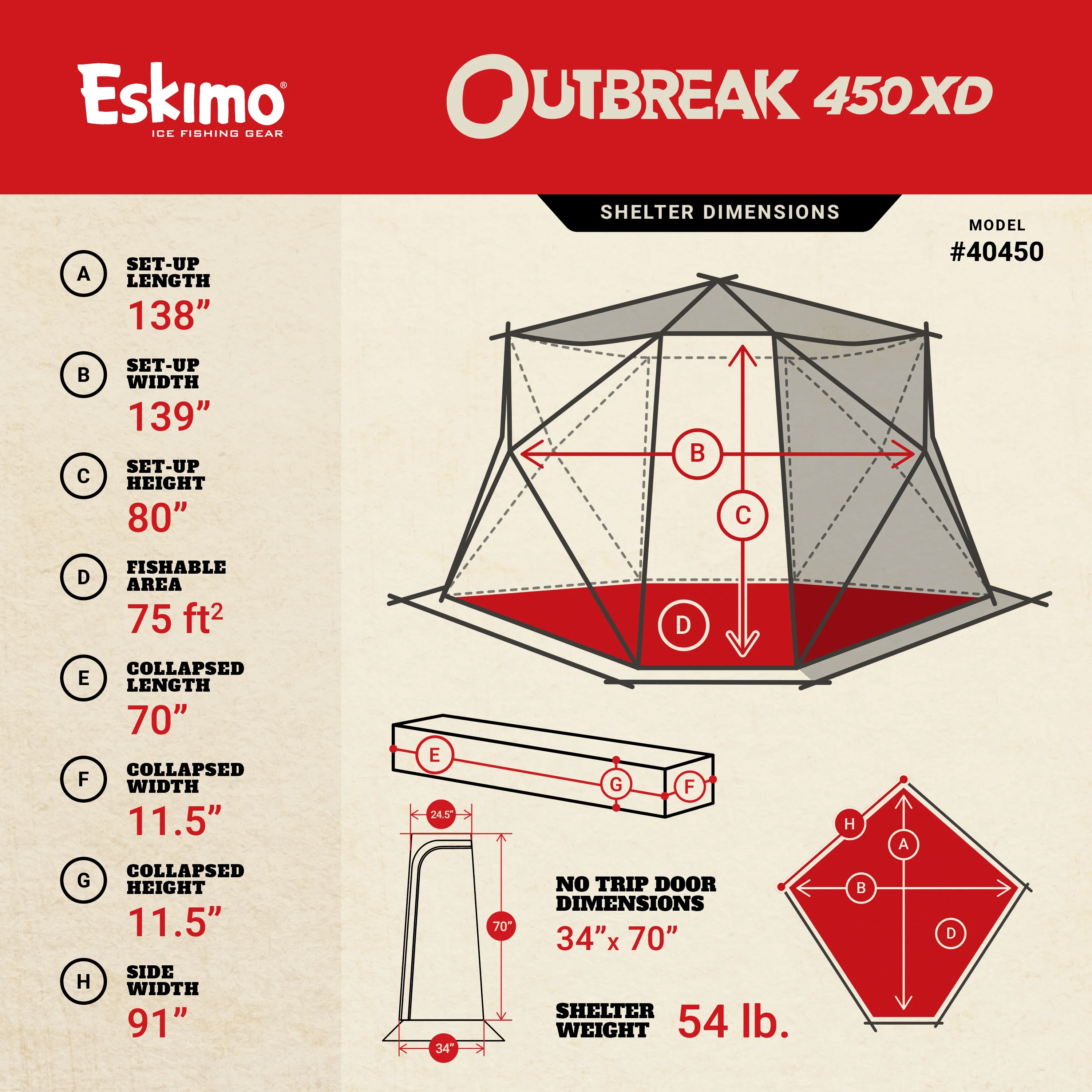 Eskimo Outbreak�?450xd, Pop - up Portable Ice Shelter, Insulated, Red/Black, 4 - 5 Person Capacity, 40450