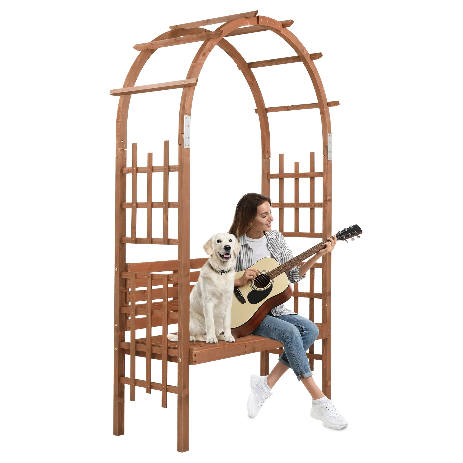 6.8FT Wooden Arch with Bench for 2 People, Garden Arbor Trellis for Climbing Plant, Outdoor Garden Lawn Backyard Patio Decor, Dark Brown - Image 2