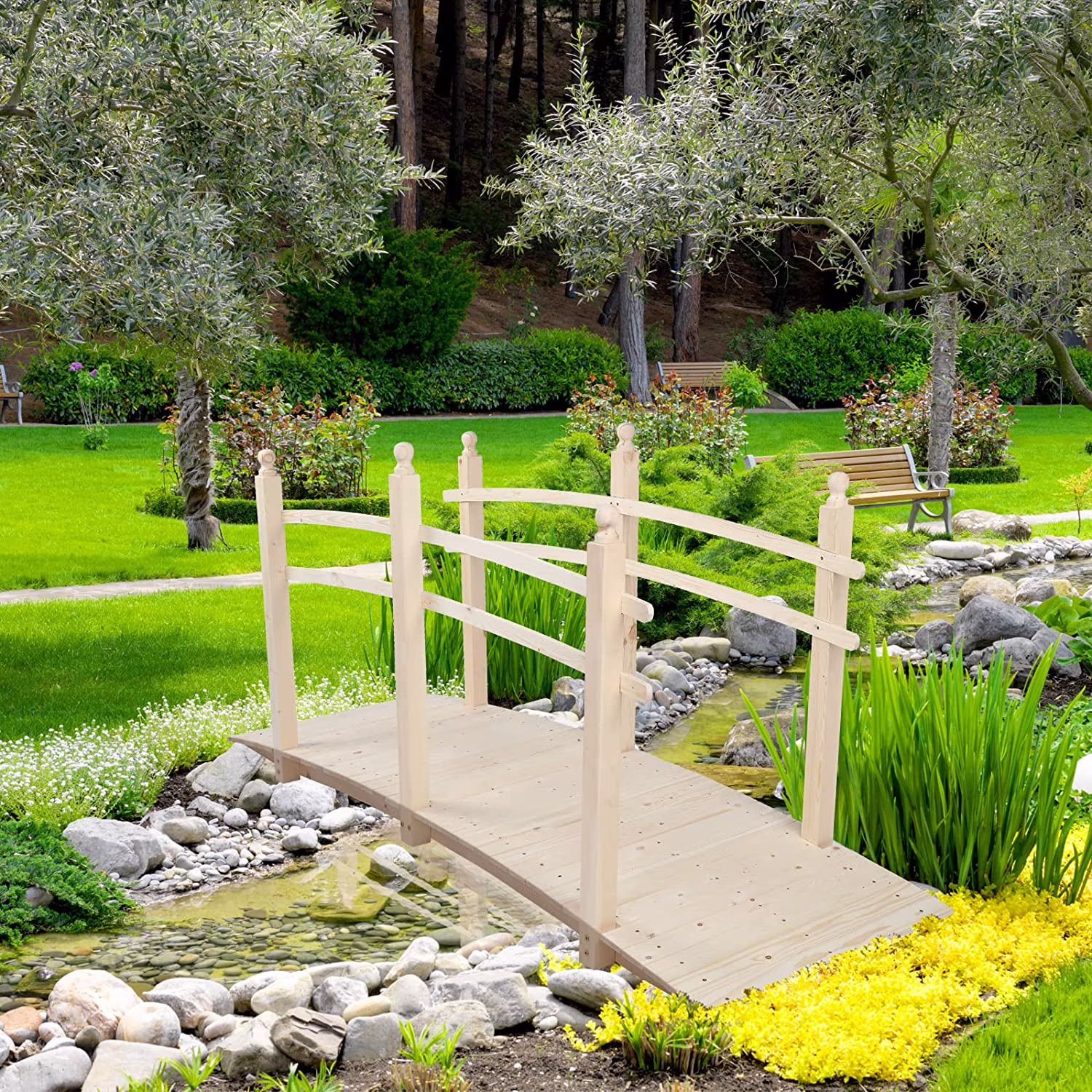 VINGLI 7.5 ft Garden Bridge, Arch Walkway Wooden Bridge with Safety Rails Natural Finished, Decorative Landscaping Footbridge for Koi Pond, Dry Creek Bed, Garden Pathway or Japanese Zen Decor