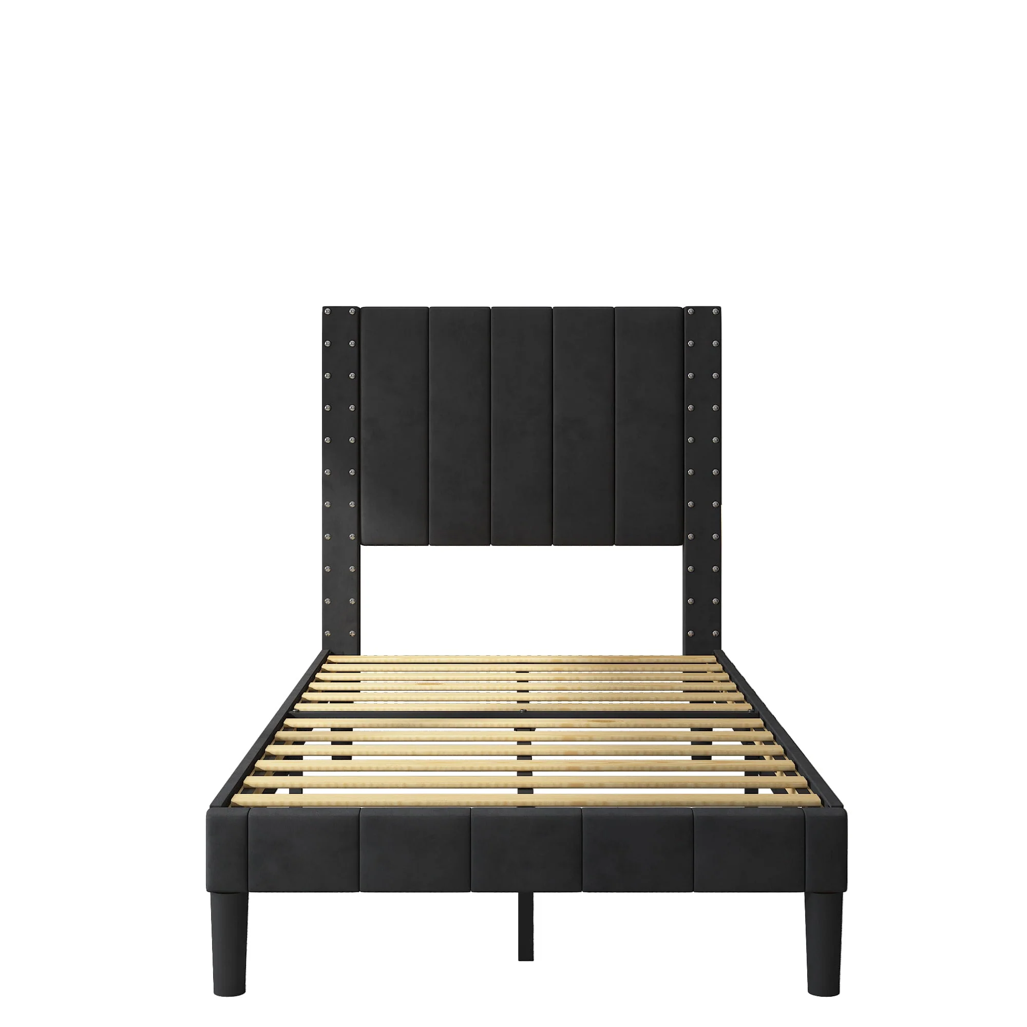 BTMWAY Twin Size Bed Frame, Upholstered Fabric Platform Bed with Riveted Decorative Headboard, No Box Spring Needed, Twin Bed Frame for Kids Teens Adults, 500lbs Capacity, Easy Assembly, Black(Twin/Beige)