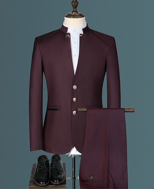 Ensemble blazer et pantalon uni à col montant et boutons sur la patte de boutonnage