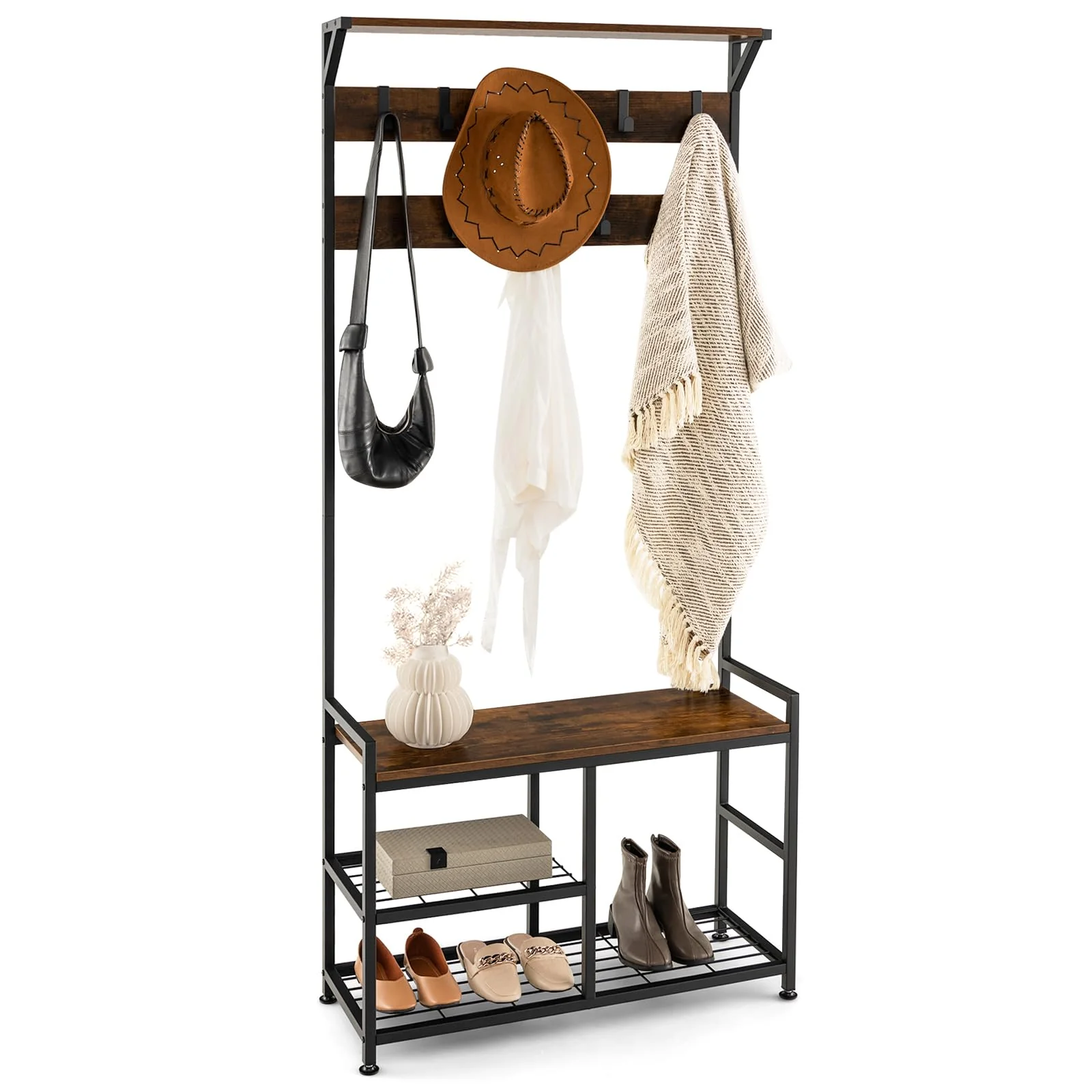 Tangkula Coat Rack Shoe Bench, 3-in-1 Industrial Hall Tree w/Storage Bench & 9 Hanging Hooks, 3-Tier Wood Look Entryway Bench w/Metal Frame