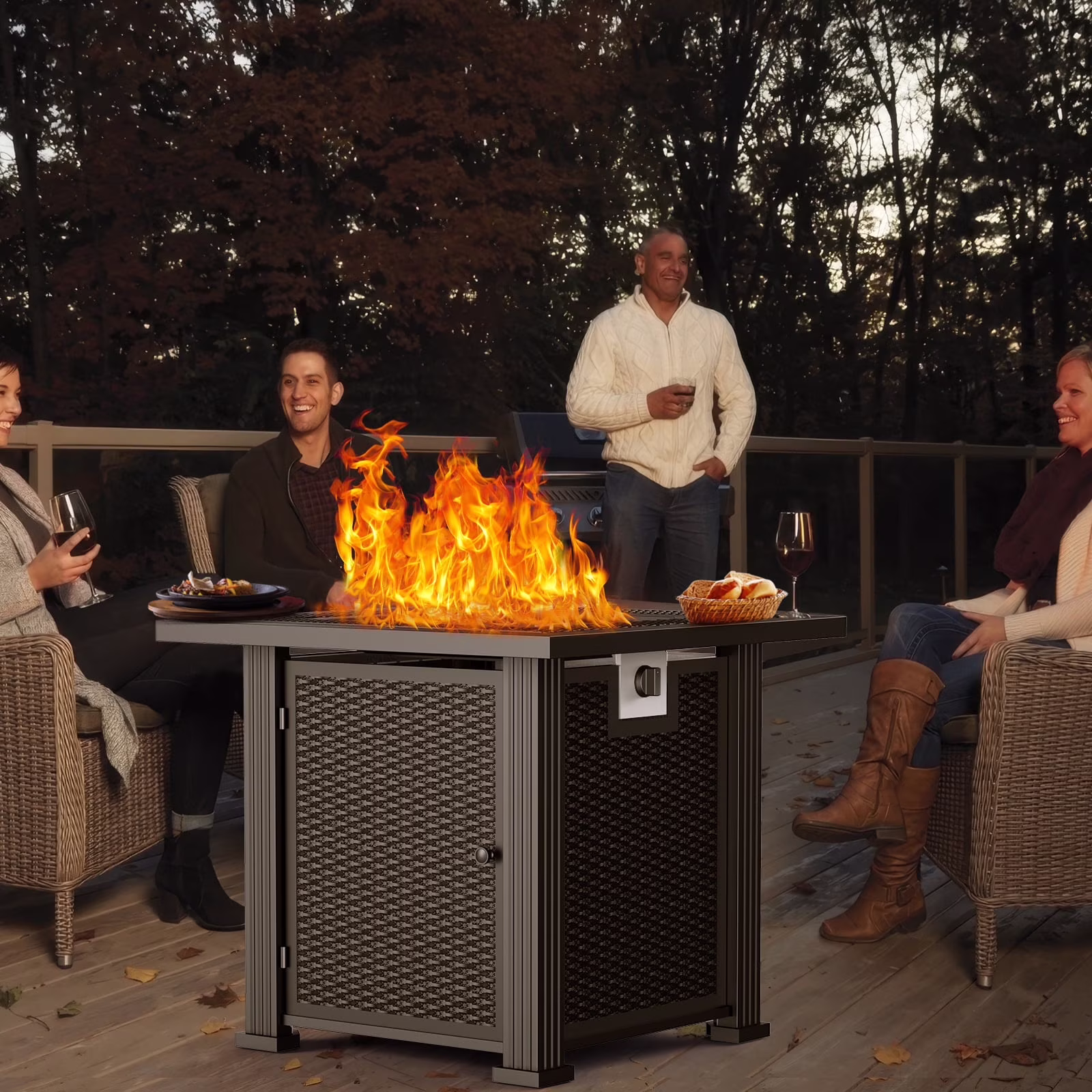 DOMQGA 28 Propane Fire Pit Table, 2-in-1 Square 50,000 BTU Propane Gas Fire Pit Table with Lid and Lava Rock,for Outside Patio Yard Party Garden and Lawn