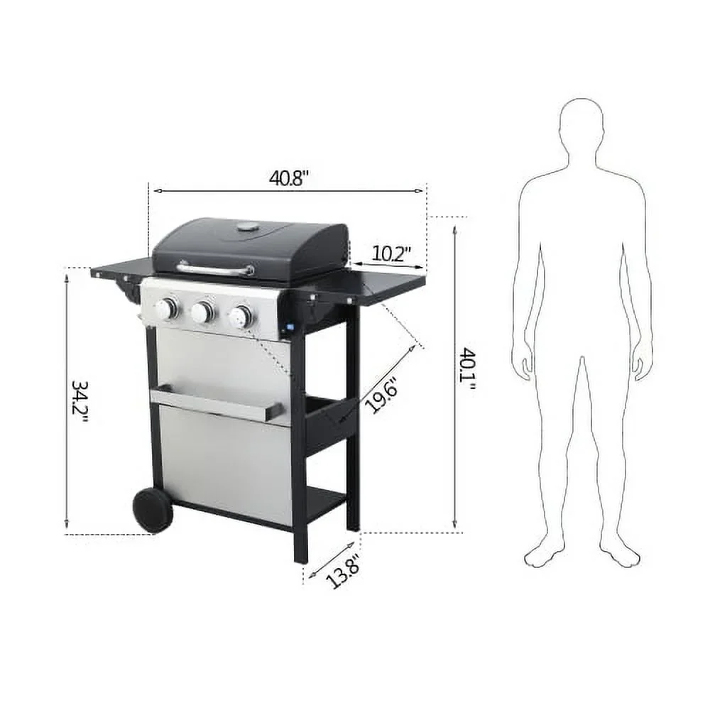 Yiweny 3 Burner BBQ Propane Gas Grill, Stainless Steel 25650 BTU Patio Garden Barbecue Grill with Bottle Opener, Two Foldable Side Shelves & Thermometer, Perfect for Camping, Outdoor Cooking.