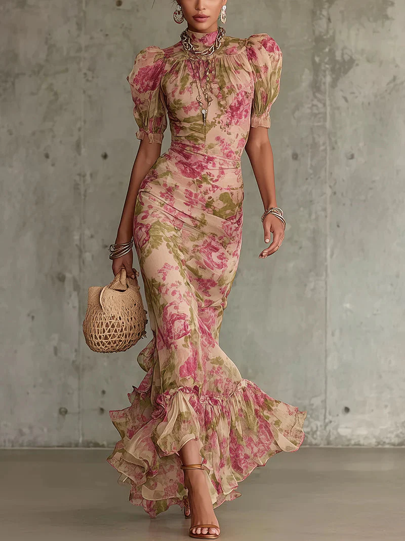 Fiora | Robe longue avec imprimé vintage de roses et manches bouffantes
