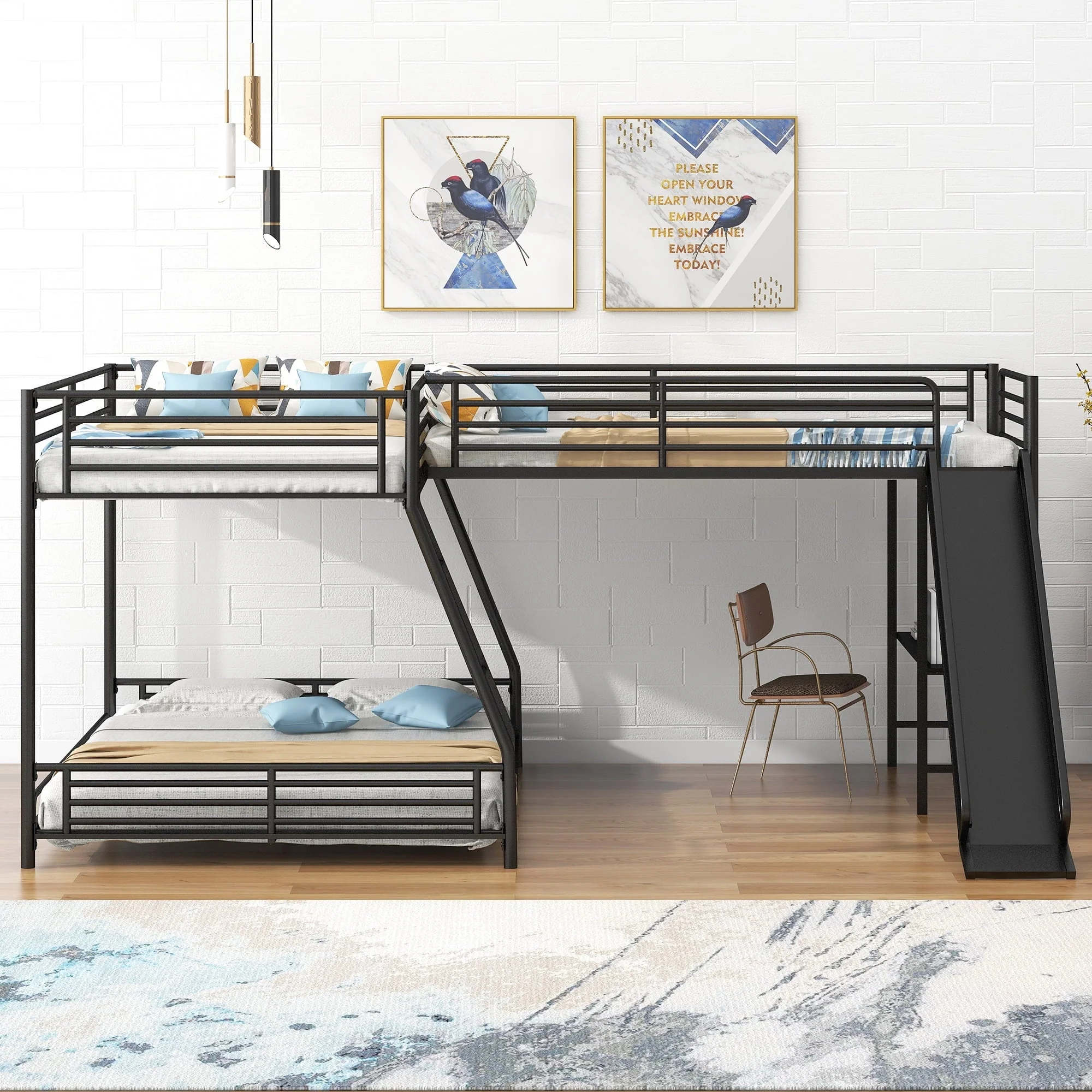 Metal L - Shaped Twin Over Full Bunk and Loft Bed with Desk for Kids, Black