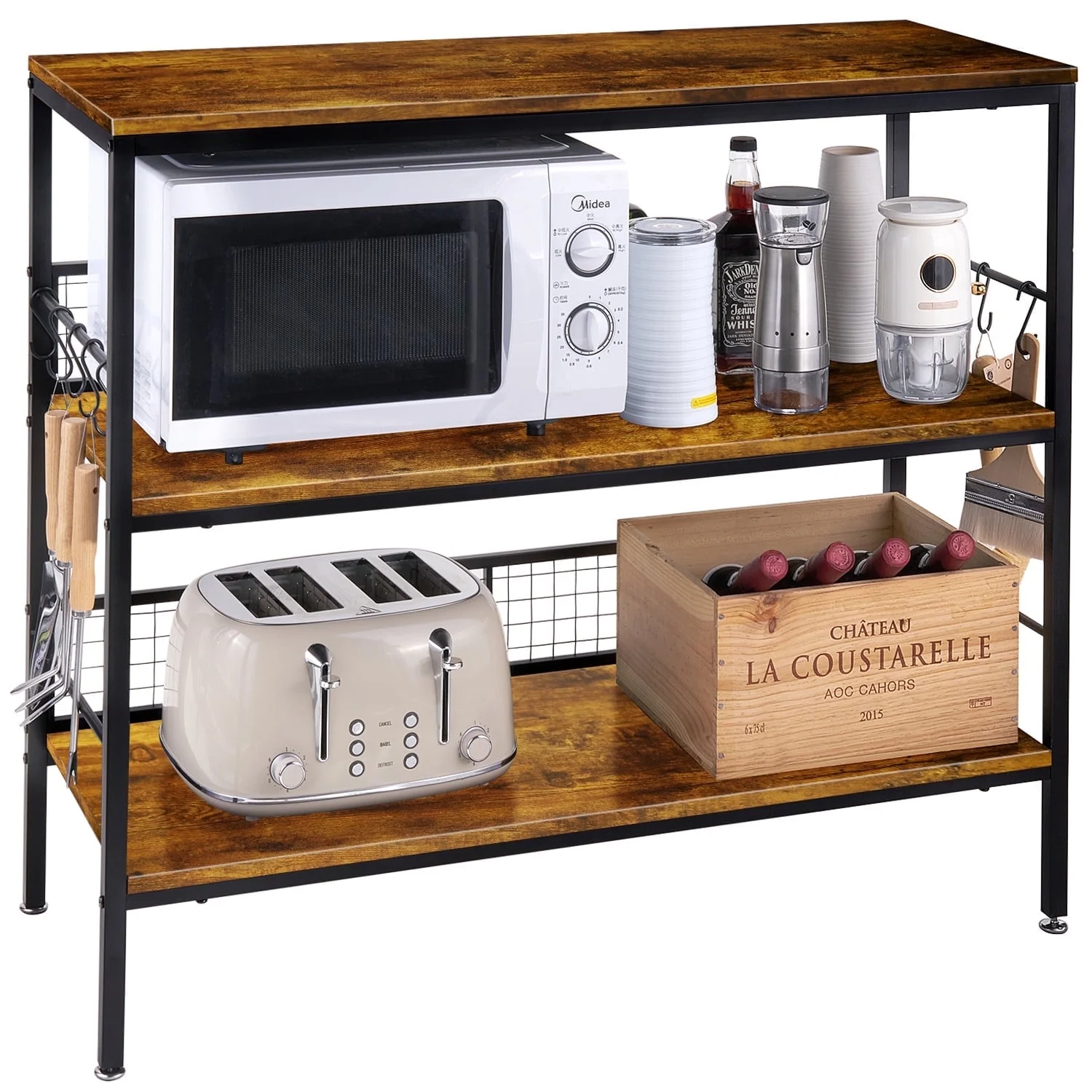 3-Tier Rolling Cart Microwave Stand with 10 Hooks, Coffee Bar Kitchen Storage Rack Organizer, Rustic Brown(Brown) - Image 2