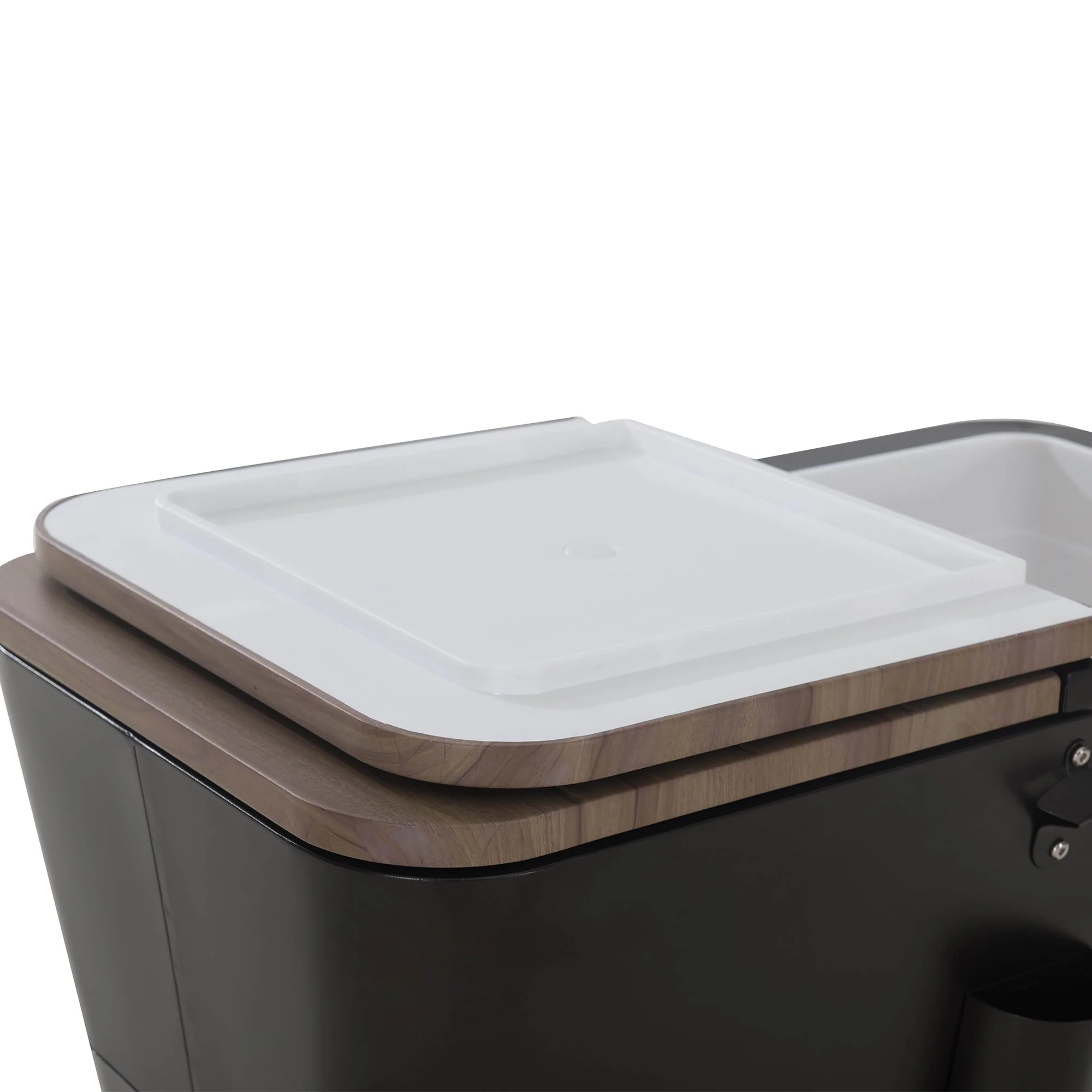 Sunjoy 80 Quart Wood Grain Finish Metal Rolling Ice Chest Cooler Cart with Storage Shelf, Steel Bottle Opener, and Lockable Wheels, Bronze(Bronze) Image 8