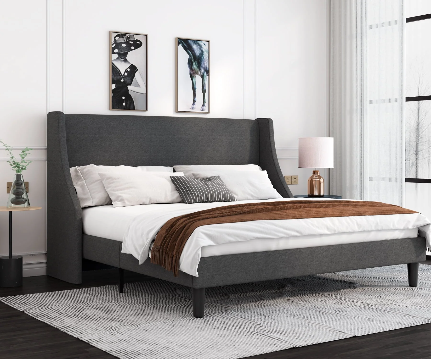 King Size Fabric Upholstered Platform Bed Frame with Wingback Headboard, Dark Grey(Full/Burnt Orange)