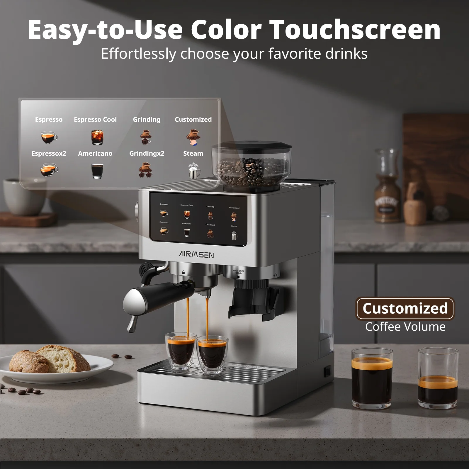 Espresso Machine with Grinder, Espresso Coffee Machine with Customized Grind Amount Coffee Volume, Cold Brew Coffee Maker for Cappuccino Latte Americano, Brushed Stainless Steel - Image 5