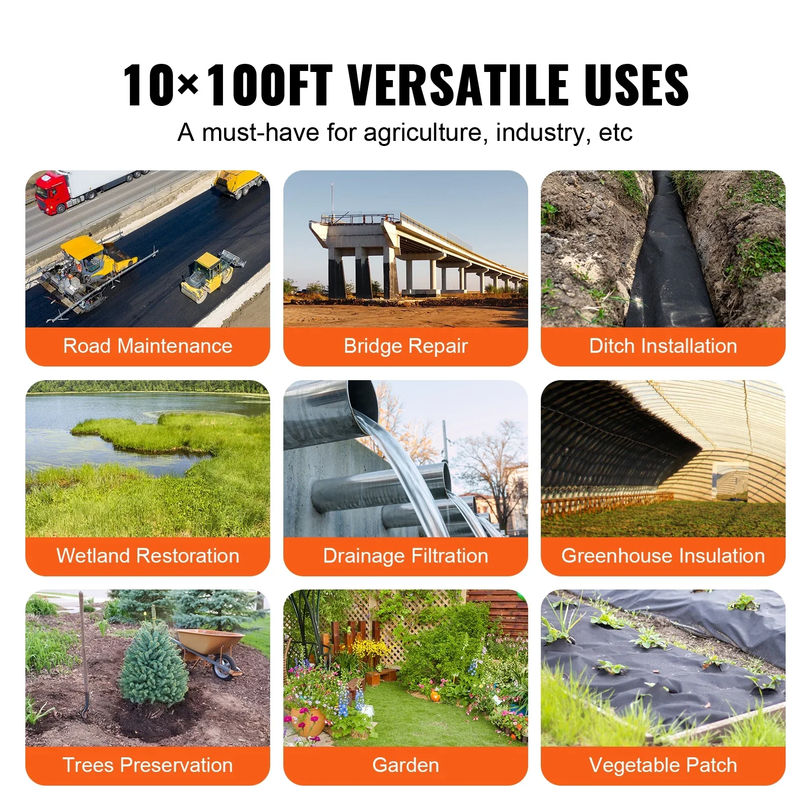 KFFKFF Weed Barrier 10x100FT Non-Woven Geotextile Fabric 8OZ Ground Cover Weed Control Fabric Landscape Fabric Weed Control Fabric for Commercial Greenhouse, Garden Barrier Cloth Blocker Mat, Black