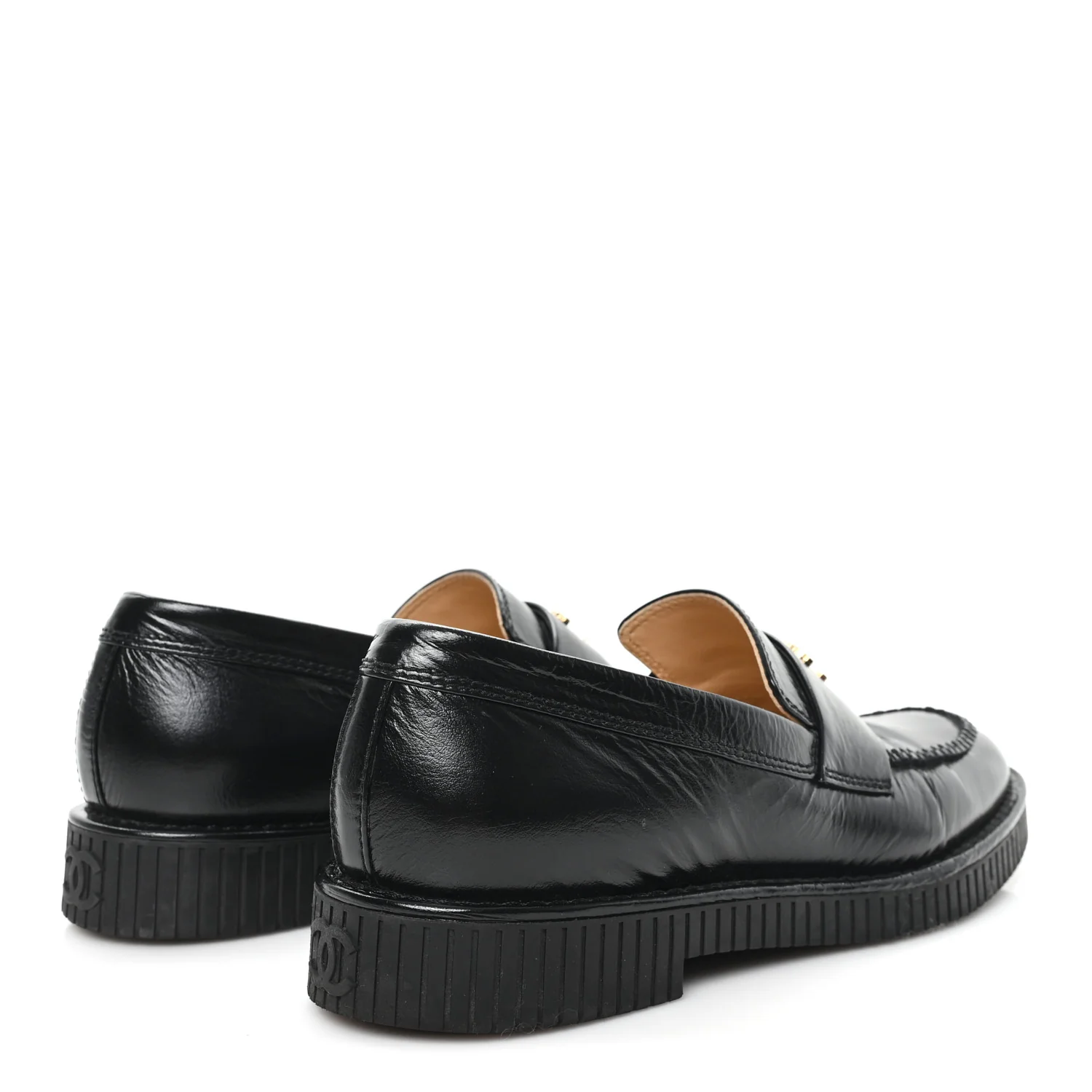 Shiny Crumpled Calfskin CC Mocassin Loafers 38.5 Black