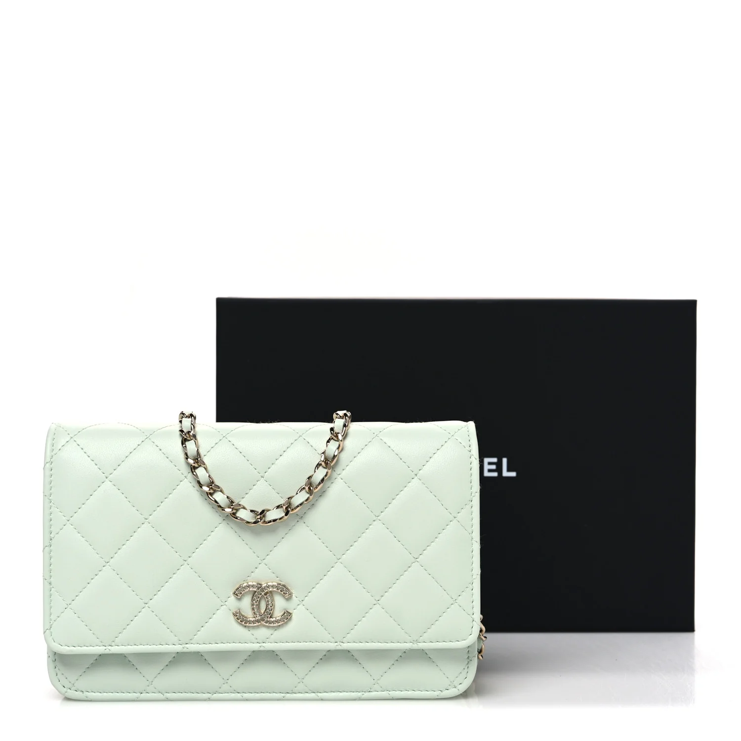 Lambskin Quilted Textured CC Wallet On Chain WOC Light Green