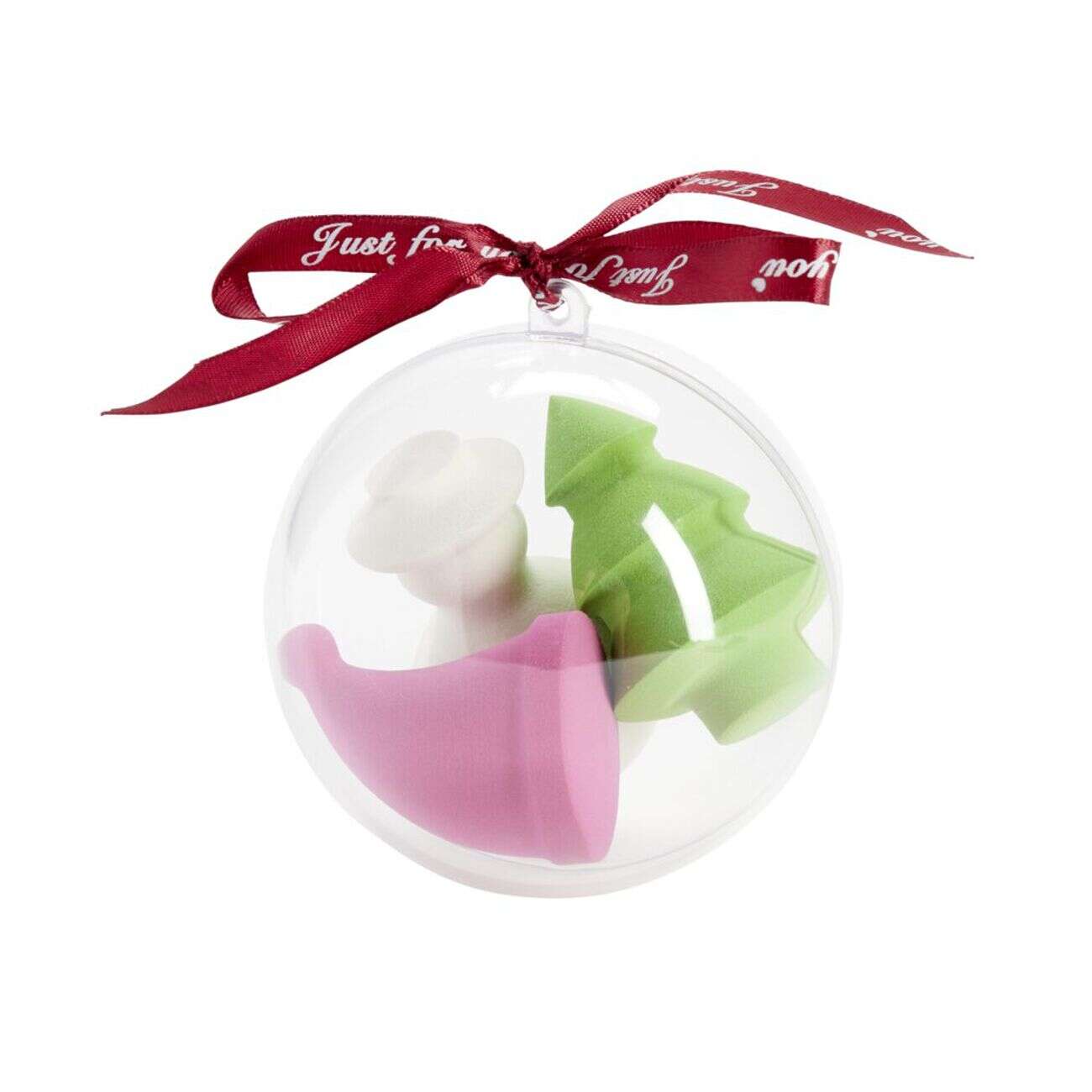 Éponge cosmétique dans boule de Noël transparente H9cm (2 modèles)
