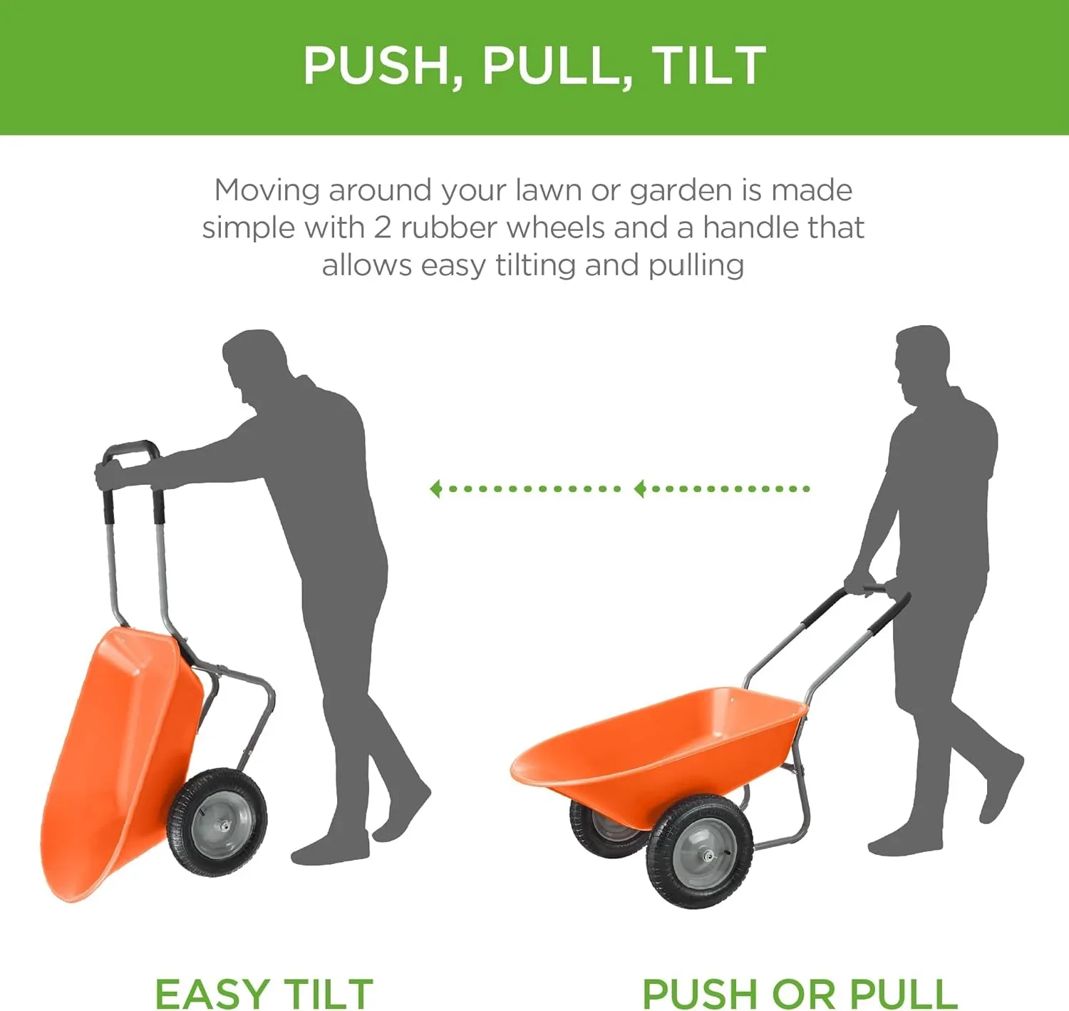 SAZYY Heavy-Duty Dual-Wheel Home Utility Yard Wheelbarrow & Garden Cart with Built-in Stand �C Versatile Solution for Lawn Care, Gardening & Construction Tasks, Gray