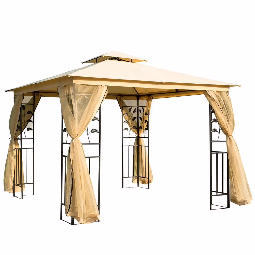 GVN Patio Garden Pergola, Pergola Canopy,10' x 10' Double Roof Outdoor Gazebo Canopy Shelter with Netting,Beige