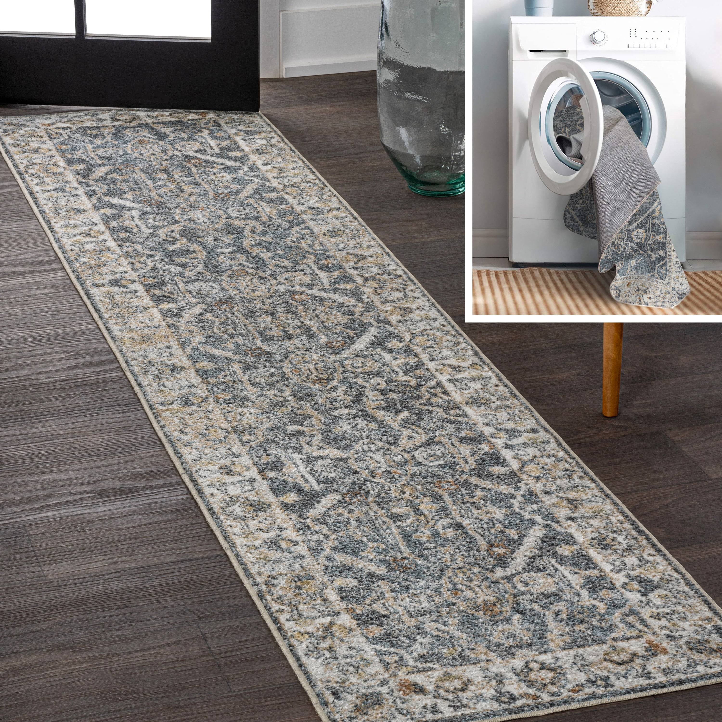 Jonathan Y Dark Gray/Cream 2 ft. x 8 ft. Brandy Rustic Border Low-Pile Machine-Washable Runner Rug