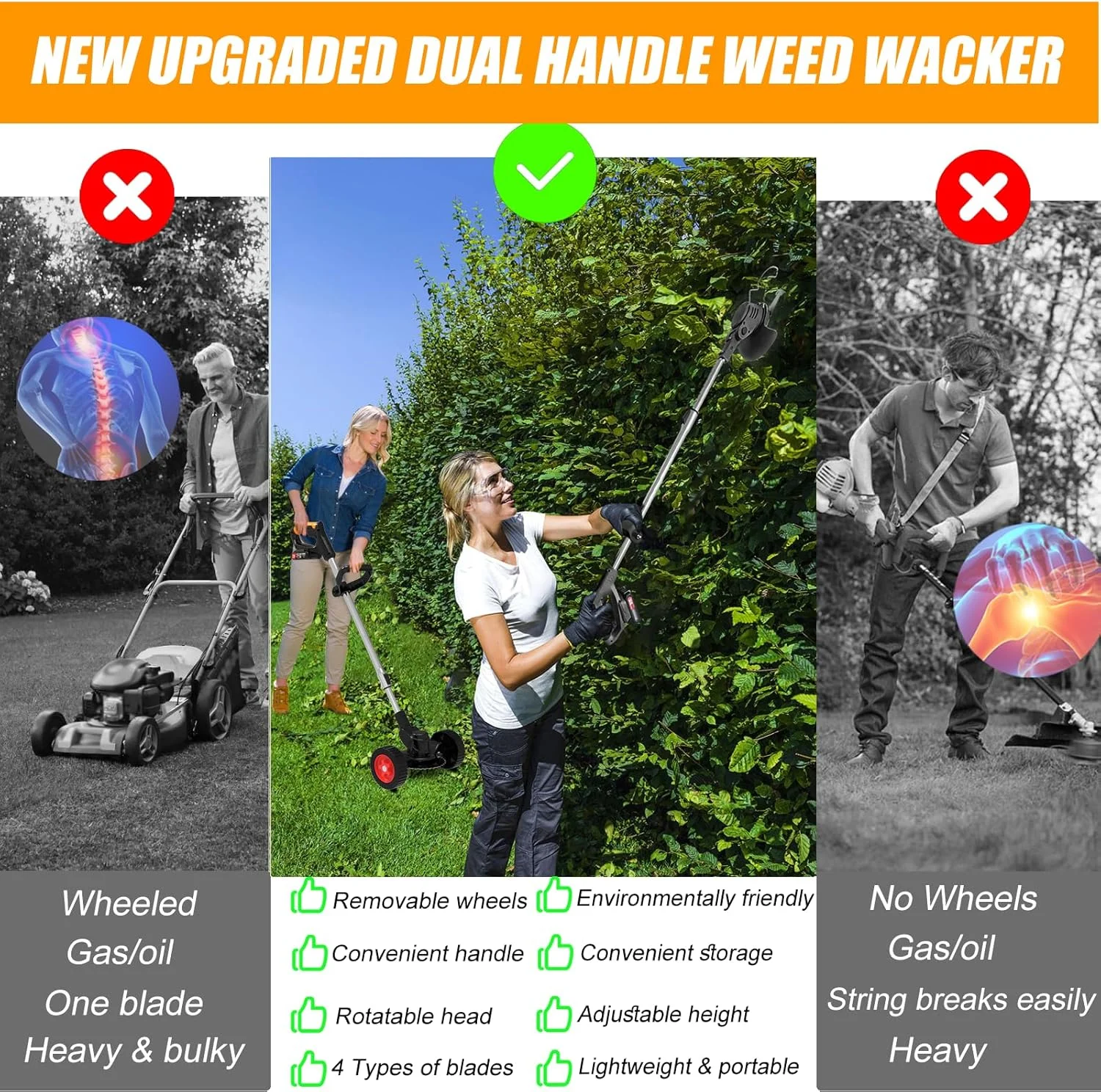 Cordless Electric Trimmer, 21V Grass Edger with Wheels, 3-in-1 Metal/Saw/Plastic Blade, Adjustable Height Noise Reduction, Includes Deluxe Accessories - Image 5