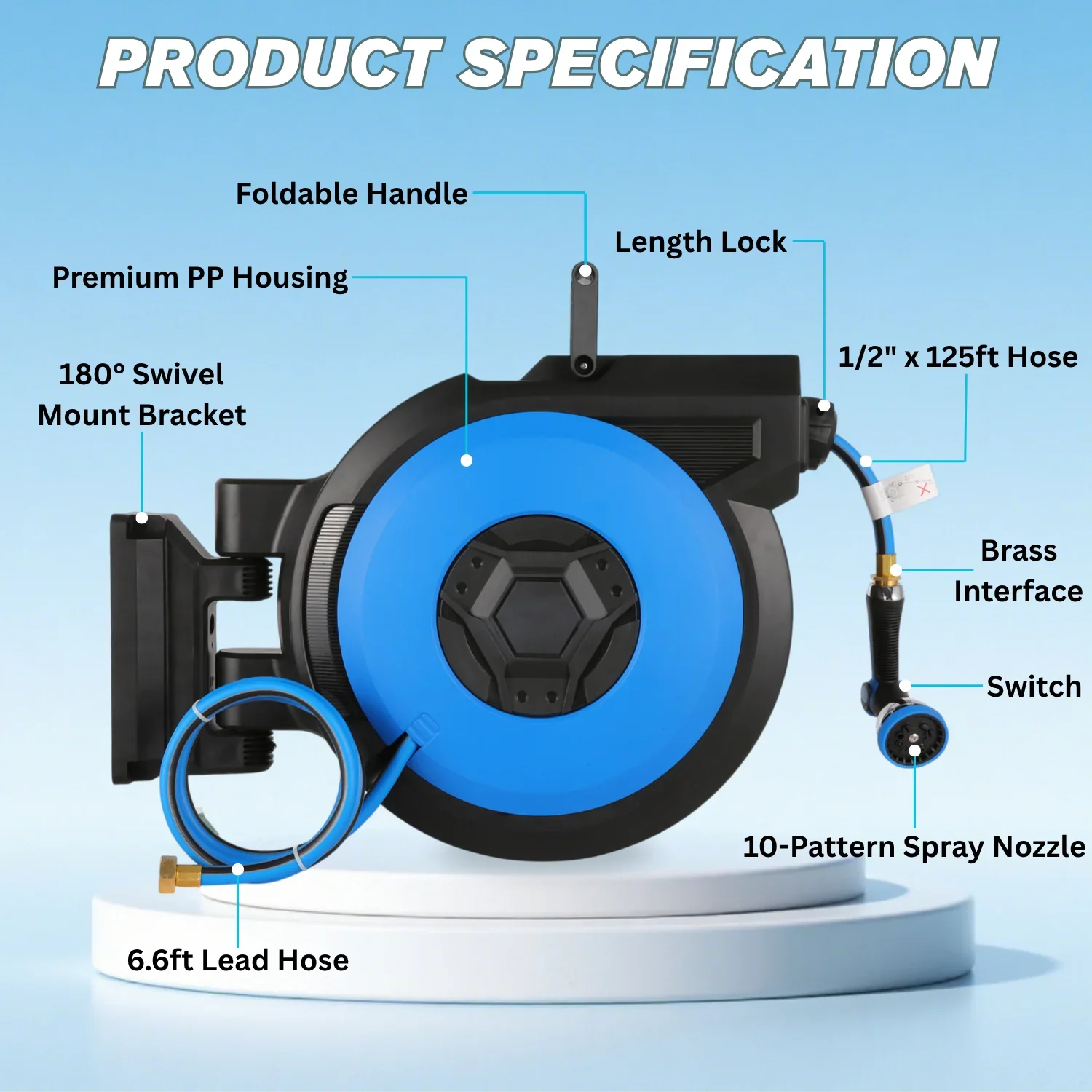 Legooin? Retractable Garden Water Hose Reel, Heavy Duty 131FT with 10-Function Nozzle, Wall Mount, Automatic Rewind, Any Length Lock, 180�� Swivel