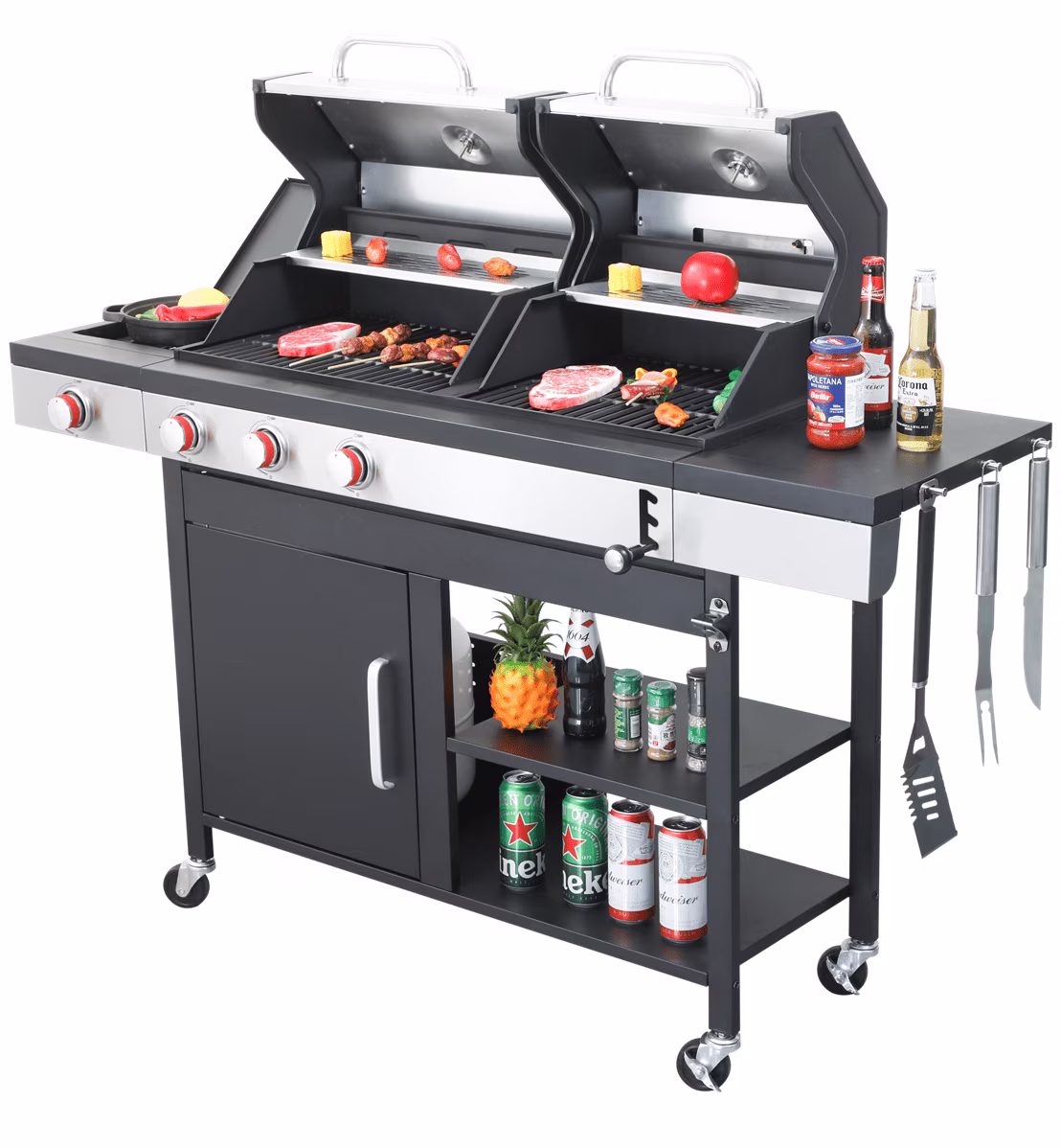 HighSound 3 Burner BBQ Propane Gas Grill, Stainless Steel 25650 BTU Patio Garden Barbecue Grill with Wire Enamel Cooking Grids & Foldable Shelves, Black