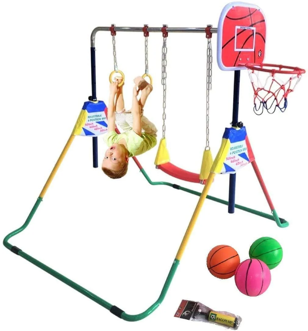 Adjustable Height Gymnastics Bar for Kids Kip Bar 6 in 1 Set, 6'x2' Gymnastic Tumble Mat, Swing Seat, 2 Trapeze Rings, Basketball Hoop, Home Junior Training Monkey Bars Fitness Balance Horizontal Bar Image 8