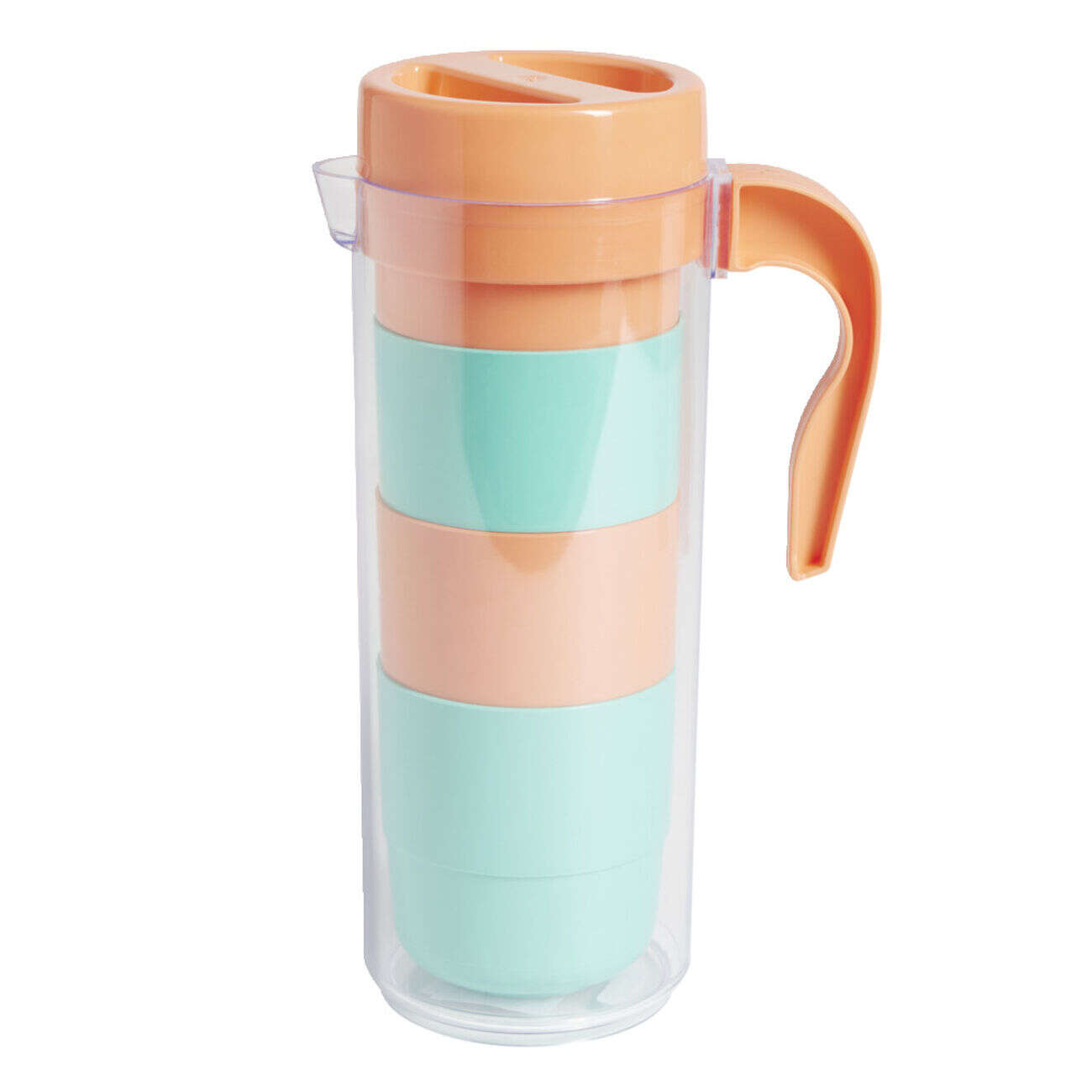 Pichet pique-nique avec 4 tasses plastique vert et orange Ø24xH8,5cm