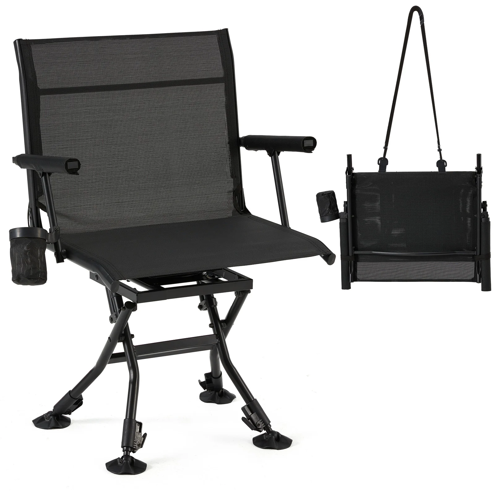 AECOJOY Folding Hunting Swivel Chair, Compact Storage Design, Black Steel Frame for Outdoor Shooting & Camping