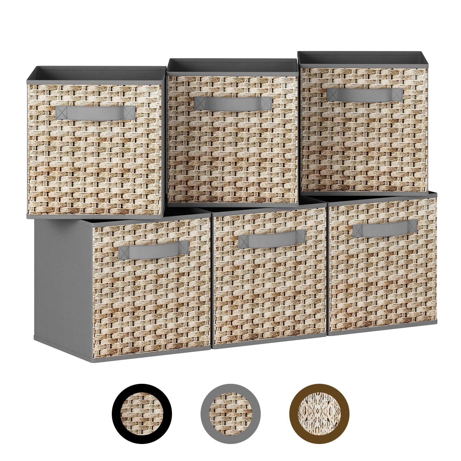 GILLAS 6 Pack Fabric Storage Cubes. 11 inch Cube Storage Bins with Handle, Foldable Closet Organizers for Shelves, Storage Baskets for Shelves, Grey