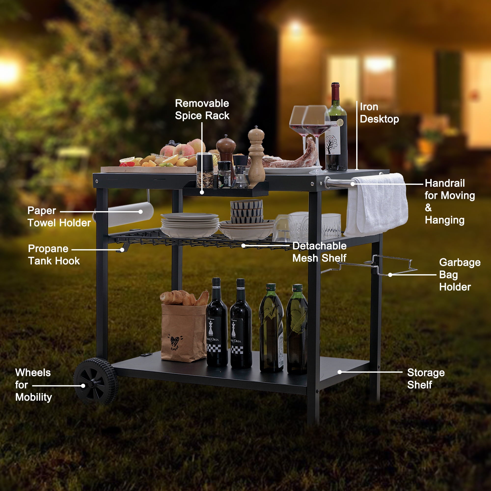 Grill Cart. Pizza Oven Stand. Outdoor bbq Prep Station with Storage. Wheel. Hook. Handle. Black Steel Tabletop. Garbage Bag Holder. Paper Towel Holder. Movable Spice Rack