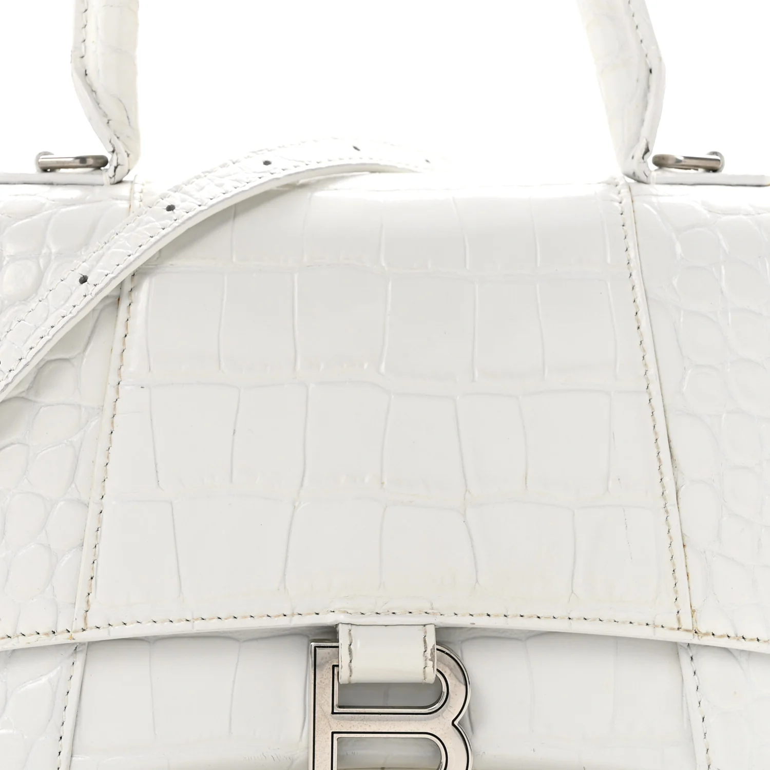 Calfskin Crocodile Embossed Small Hourglass Top Handle Bag White
