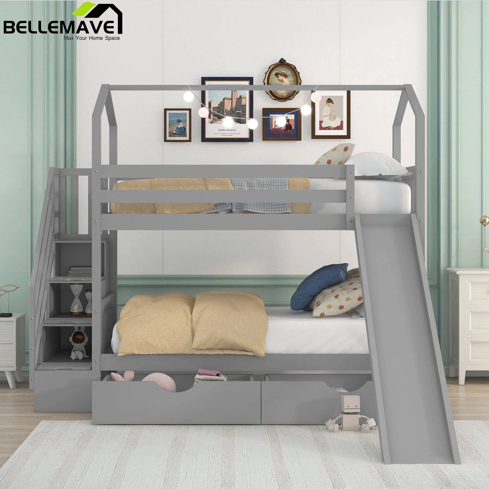 Bellemave Twin Over Twin House Bunk Bed with Slide and Stairs, Wooden Bunk Bed with Storage Drawers, Playhouse Bed for Kids, Teens(Gray)