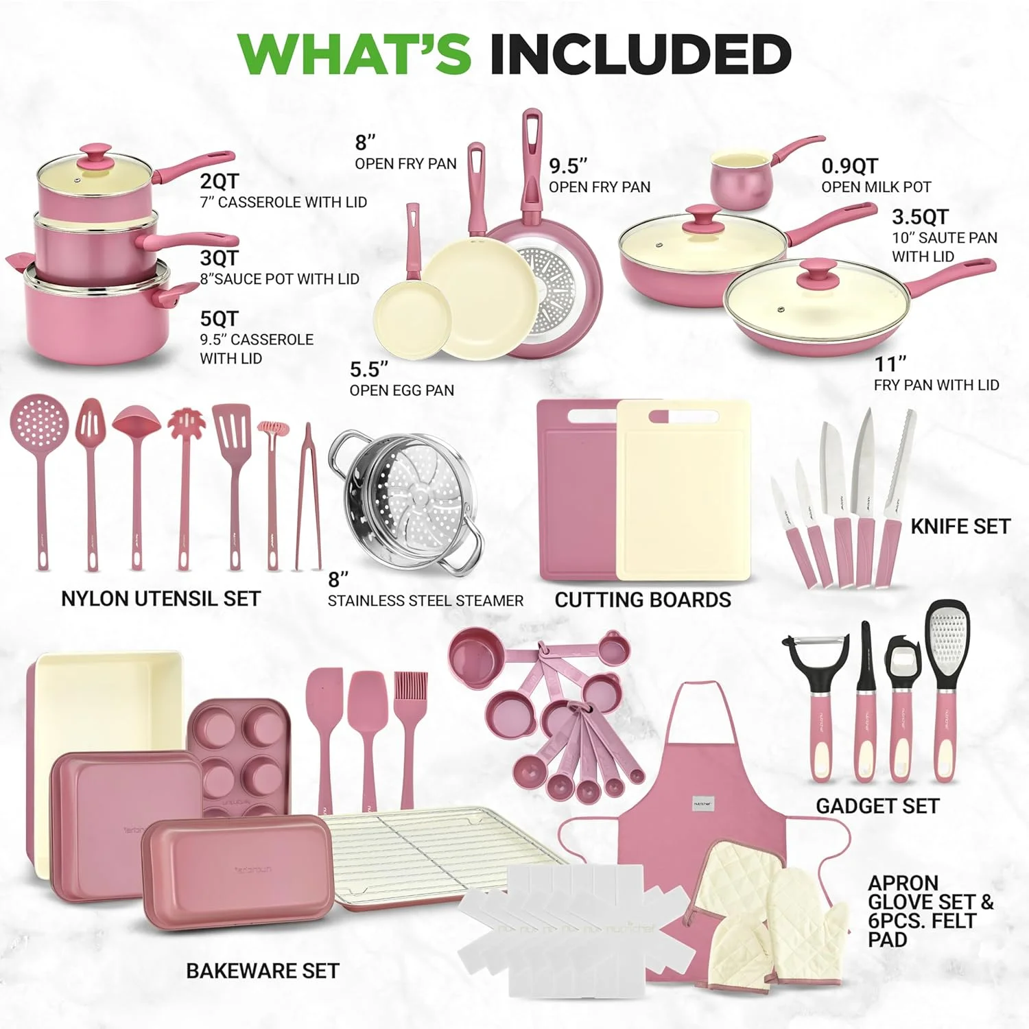 54 - Piece Kitchen Cookware Set - Complete Non - Stick Ceramic Pots and Pans Set with Utensils, Bakeware, and Knife Set, Gas, Electric & Induction Compatible, Blush Pink Kitchen Essentials