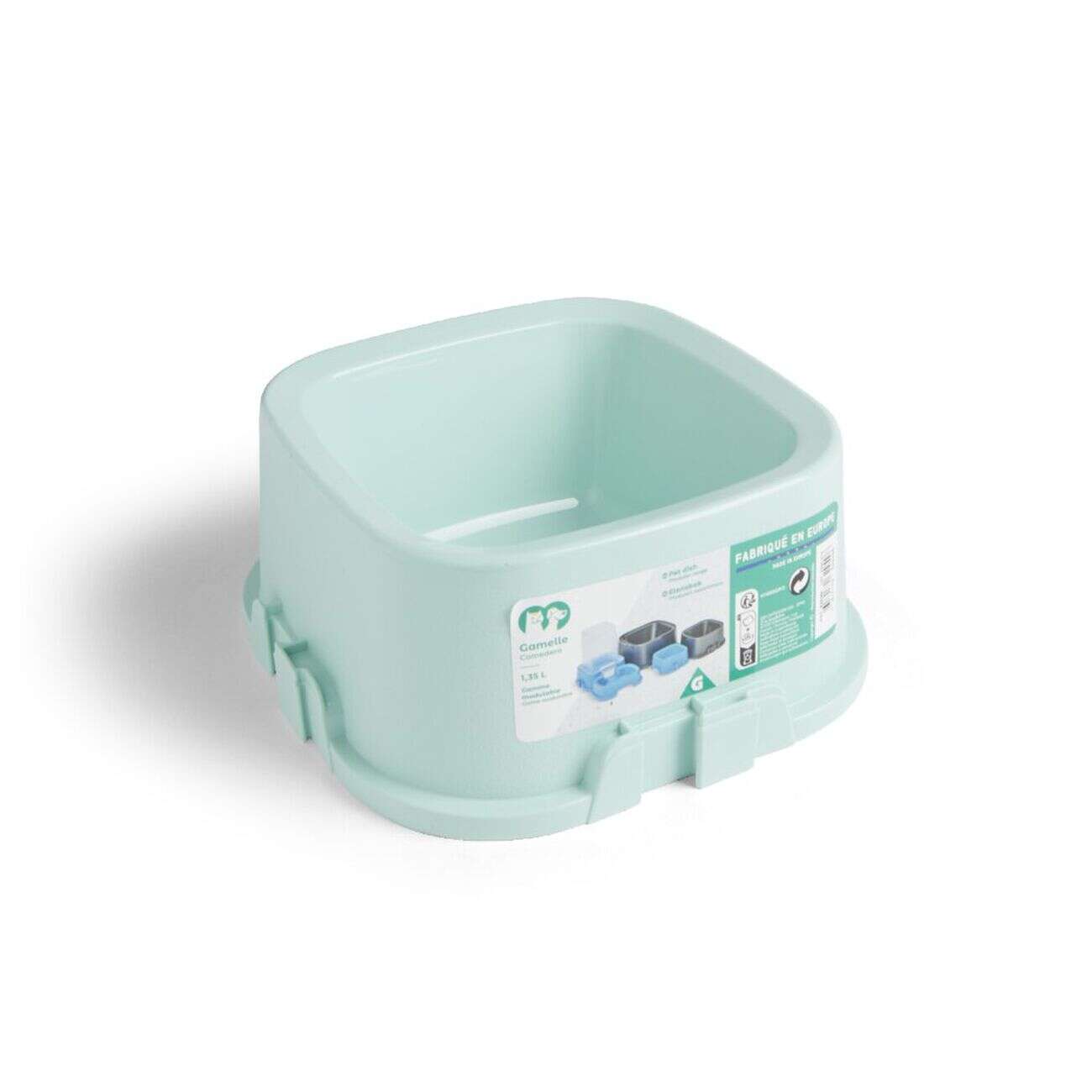 Gamelle carrée pour chien plastique vert 1,35L - 21,5x21,5xH.9,4cm