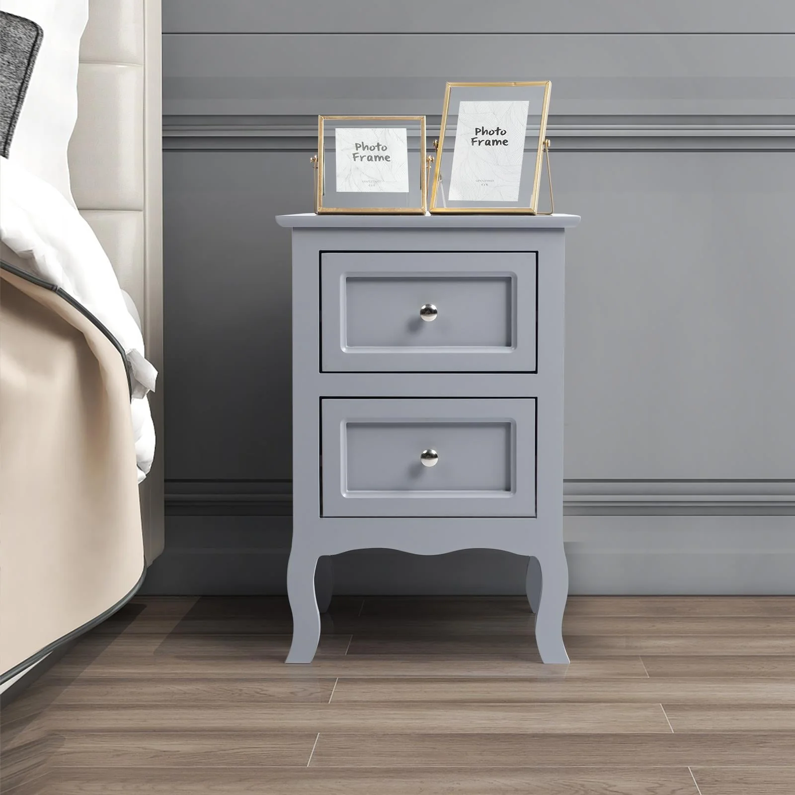 Nightstand, Bedside Table with 2 Storage Drawers, End Side for Bedroom, Country Style Set of 2,Gray(Brown) - Image 4