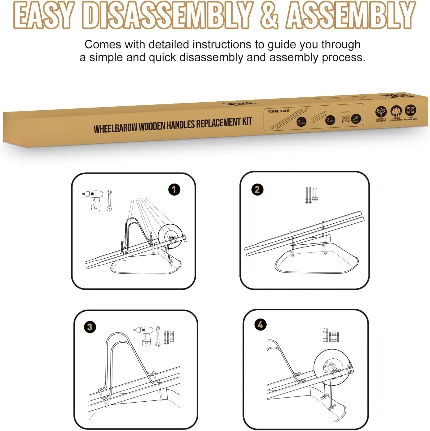 Wheelbarrow Replacement Handle Kit �C 2 Pre-Drilled Heavy-Duty FSC Eco-Wood Handles, Universal Fit + Bolts, Nuts & Wedges (Plant a Tree)