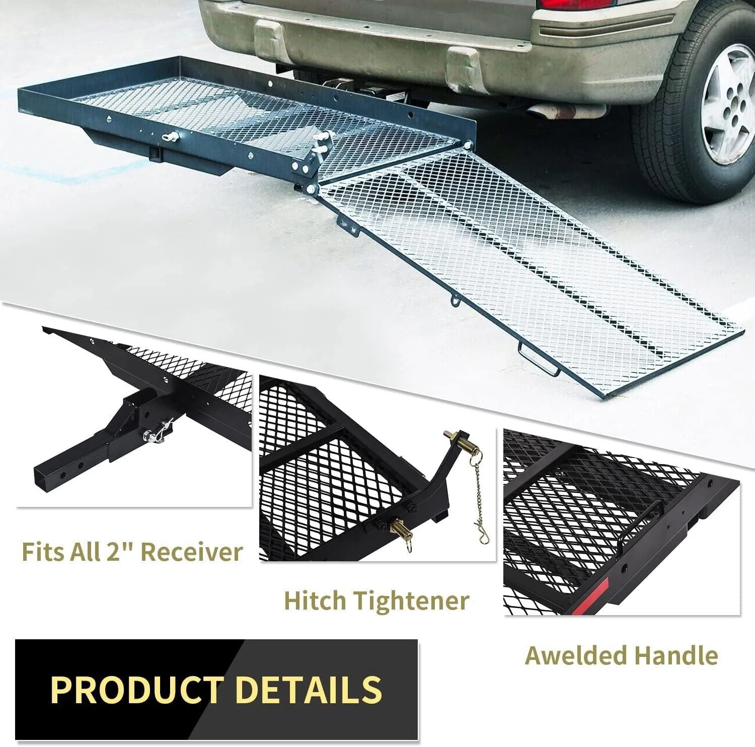 HECASA 500 lb Carrier Hitch Mounted Cargo Folding Scooter and Wheelchair Carrier Mobility Rack with Loading Ramp