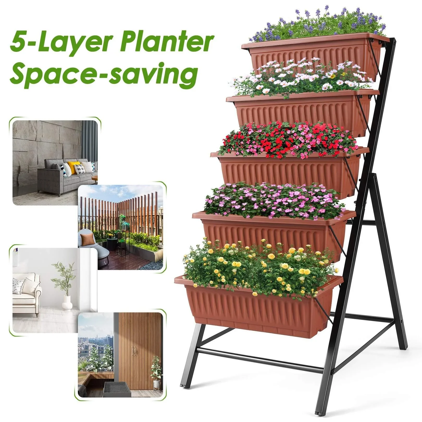 VIBESPARK 4Ft Planter Box 5-Tiers Vertical Raised Garden Bed with Drain for Patio Vegetables, Flowers Herb, 26 x 22.75 x 44.75