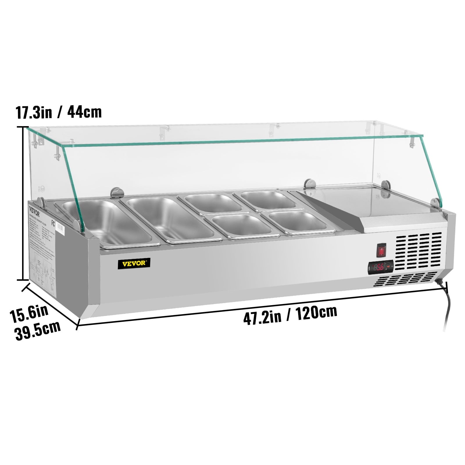 Refrigerated Condiment Prep Station. 48-inch. 10.8Qt Sandwich / Salad Prep Table w/ 3 1/3 Pans & 4 1/6 Pans. 146W Salad Bar w/ 304 Stainless Body Tempered Glass Shield Digital Panel Auto Defrost