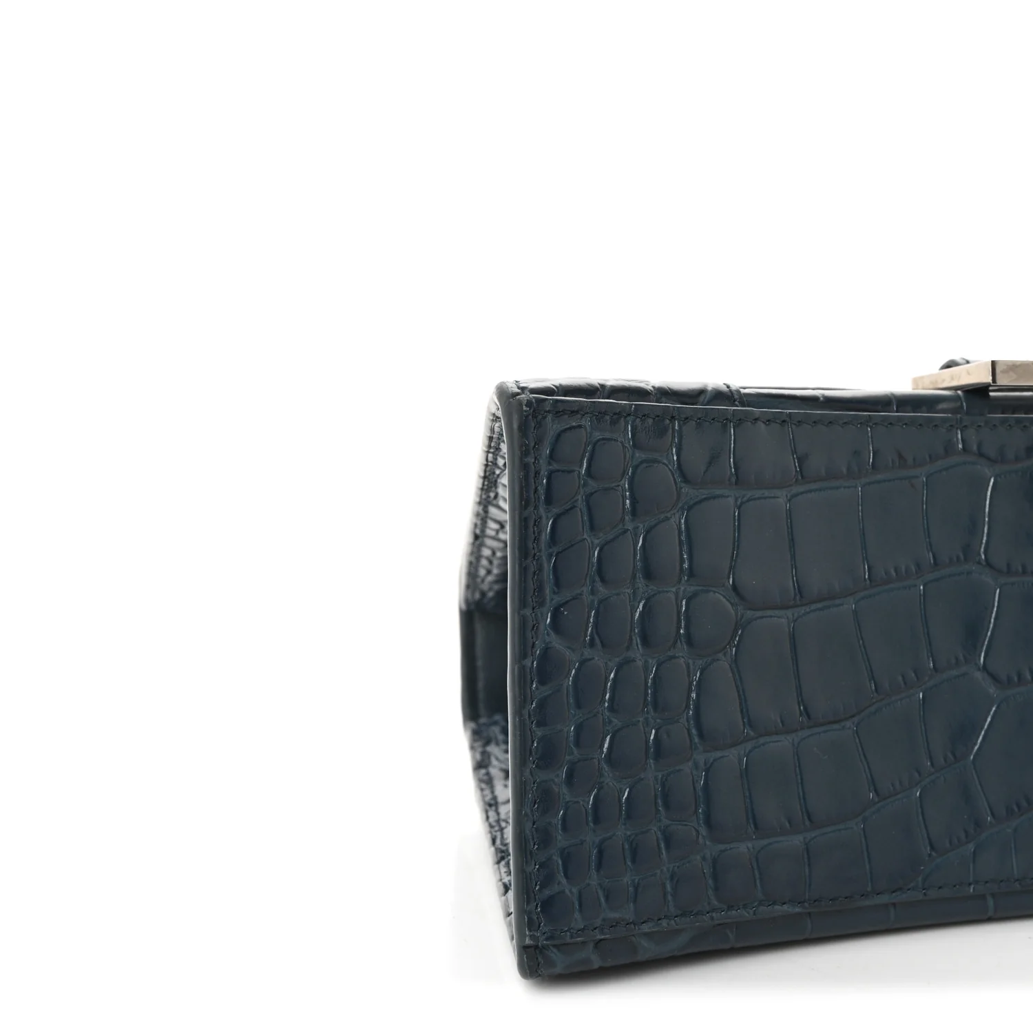 Shiny Calfskin Crocodile Embossed Small Hourglass Top Handle Bag Dark Petrol Blue