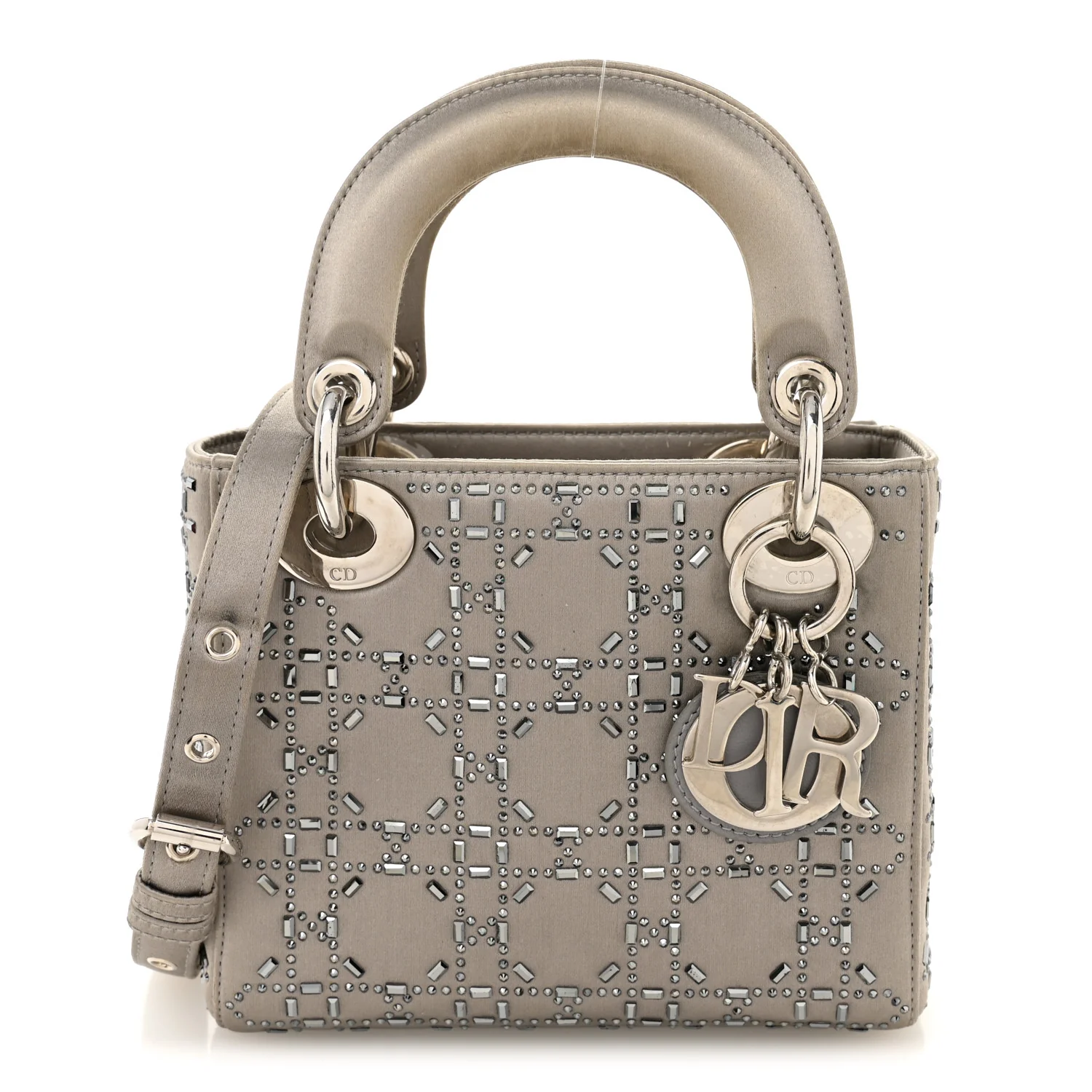 Satin Crystal Cannage Mini Lady Dior Gray