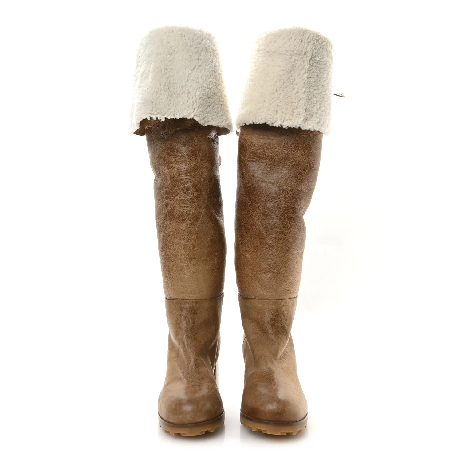 Shearling Calfskin Knee High Heel Boot 38.5 Brown