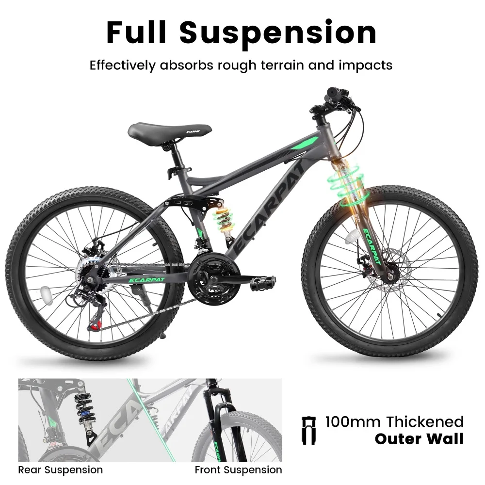 ? Mountain Bike 26 Inch Wheels, 21-Speed Full Suspension Mens Womens Trail Commuter City Mountain Bike, Carbon Steel Frame Disc Brakes Thumb Shifter Front Fork Rear Shock Absorber Bicycles(Green) - Image 4