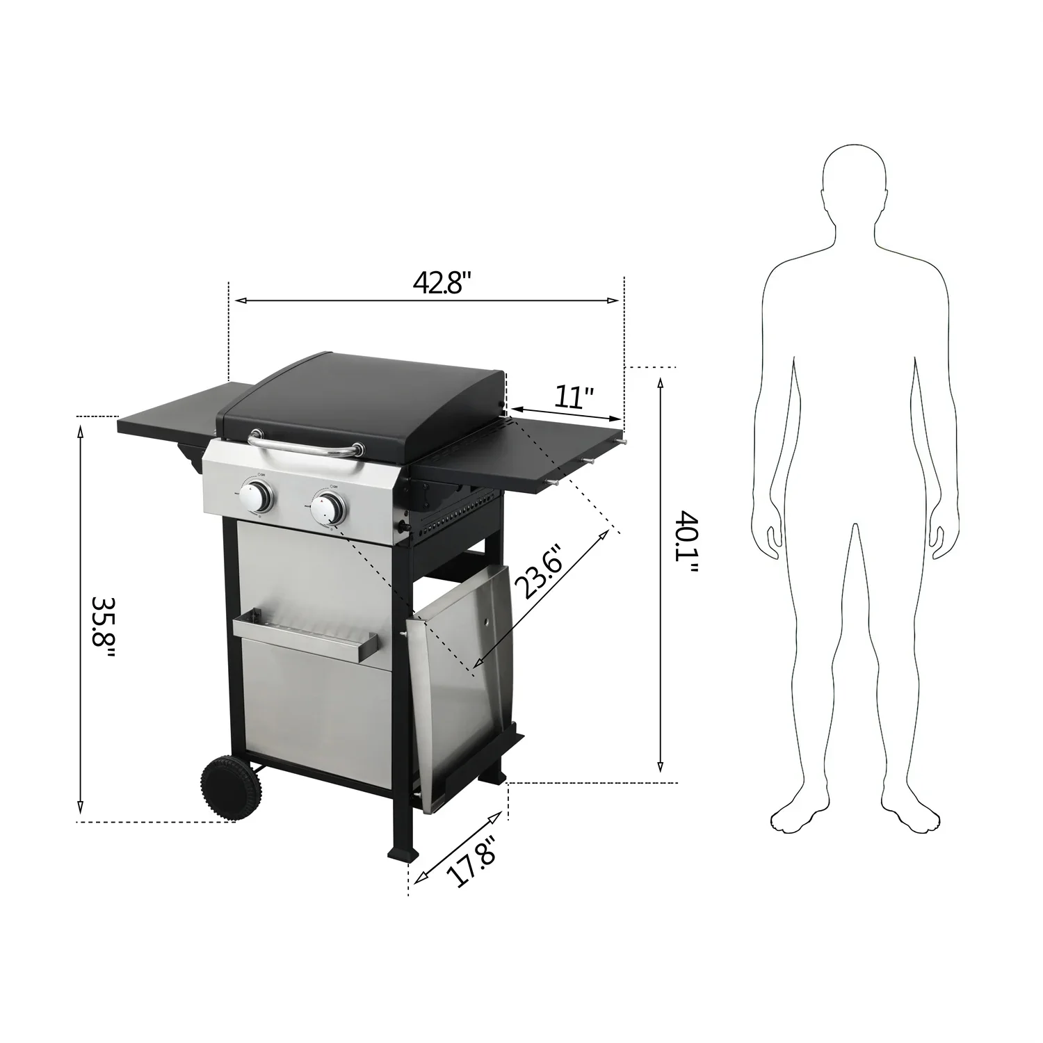HighSound 2-Burner Propane Gas Grill, 24600 BTU Patio Garden Barbecue Grill with Stainless Steel Tray, Wire Enamel Cooking Grids & Foldable Shelves, Black