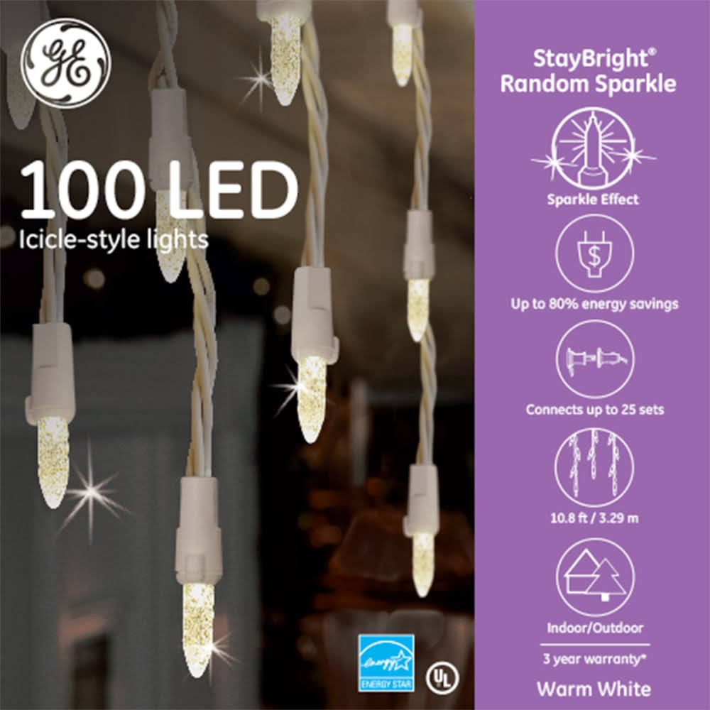 GE Staybright 100-Count Sparkling White Icicle LED Plug-In Christmas Icicle Light