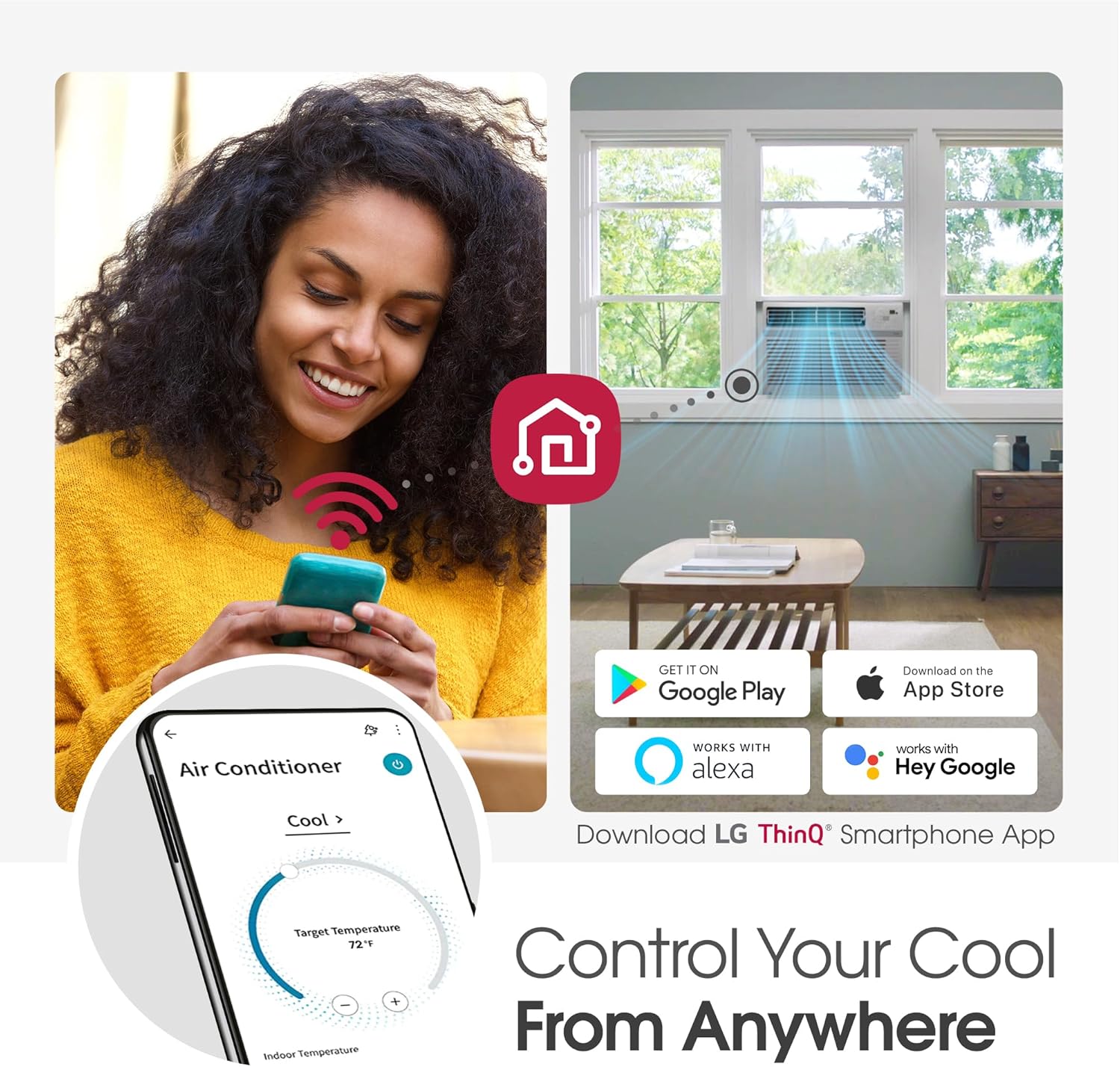 LG LW1024RSMX Window Conditioner, Wi-Fi Enabled w/Remote, 450 Sq.Ft, 4-Way Air Deflection, 3 Cooling and Fan Speeds, 115V, 10,000 BTU, White