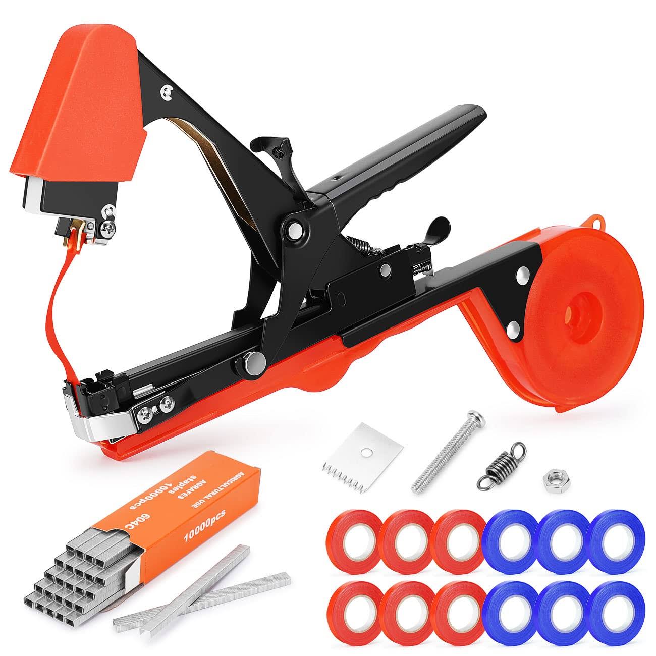 Fujiwara Plant Tying Machine, Garden Tapetool Tapener Gun with 12 Rolls of Tape, 1 Box Staples and 1 Replacement Blade for Vegetables, Grape, Tomato,