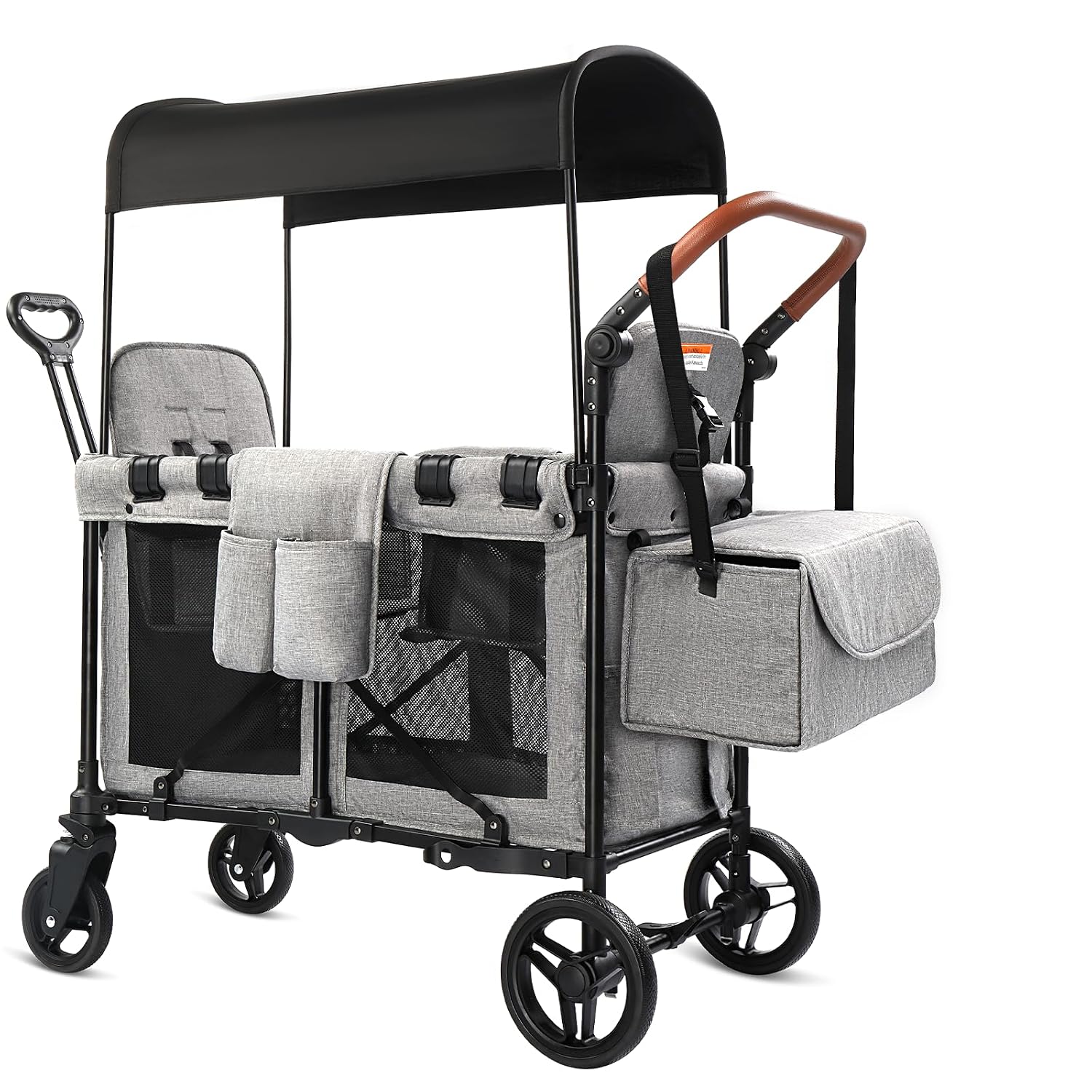 Stroller Wagon for 2 Kids, Foldable All-Terrain Wagon for Kids with Canopy, Adjustable Push and Pull Handles, Convertible High Seat & Organizer, 5-Point Harness (Gray)