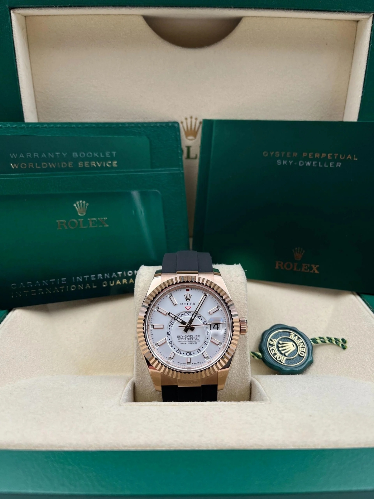 [Super Clone]RLX  Sky-Dweller 42mm Rose Gold White Dial Oysterflex - 336235