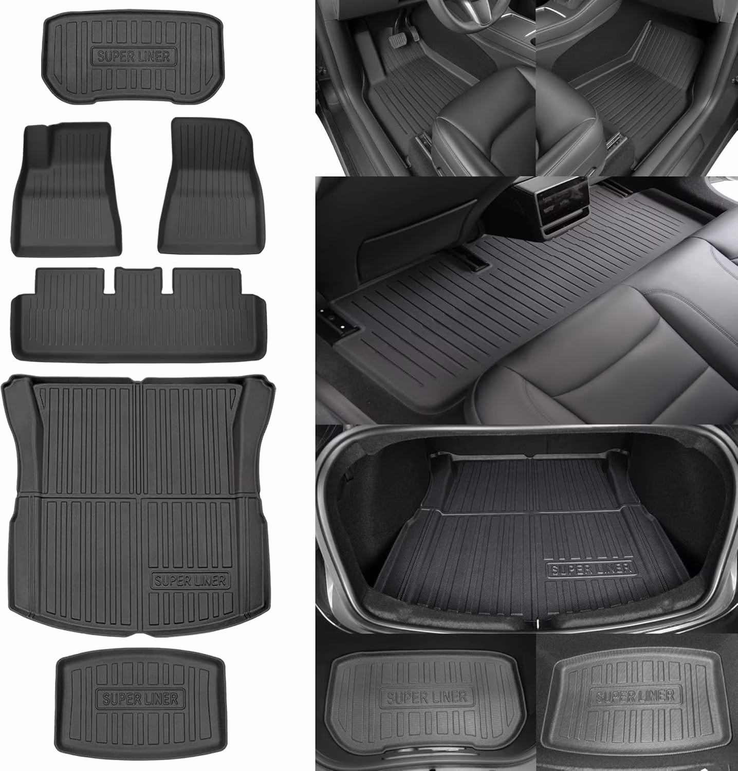 Tesla Model 3 Floor Mats 2024 2025 All-Weather Floor Mats Set (6 Pieces) | Custom Fit, Pet Child-Friendly | Model 3 Highland Cargo Liner Rear Cargo Tray Trunk Interior Accessories