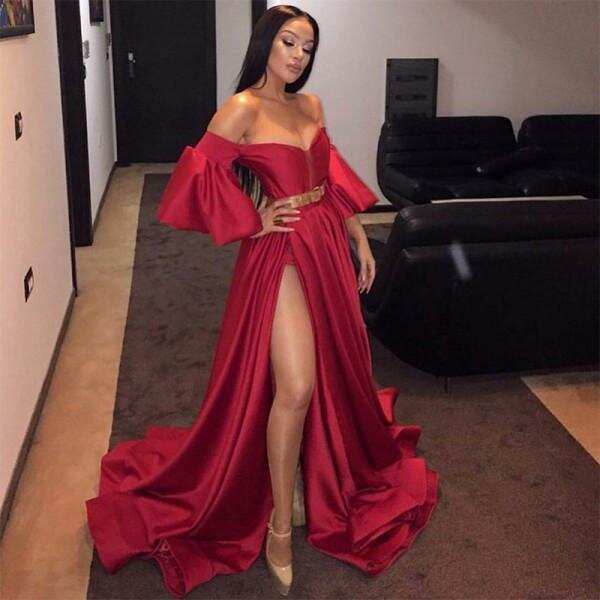 A-Line Off the Shoulder Red Split Front Long Prom Dress with Belt Sleeves DMH8